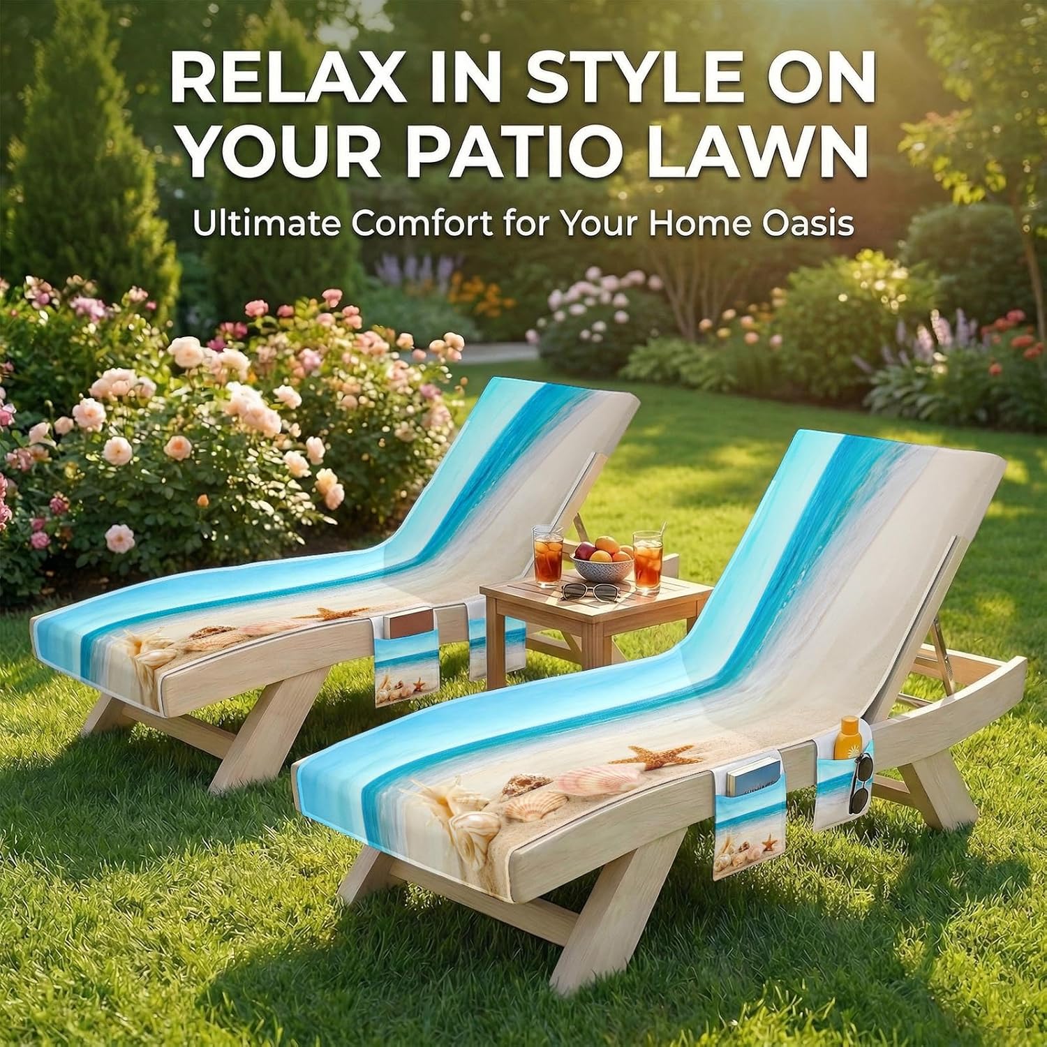 Lounge Chaise Chair Towel Covers (Pack of 2), Beach Chair Cover with 3 Pockets for Pool Outdoor Beach Garden Patio Trips,85 X30 in (Sea Shells Starfish)