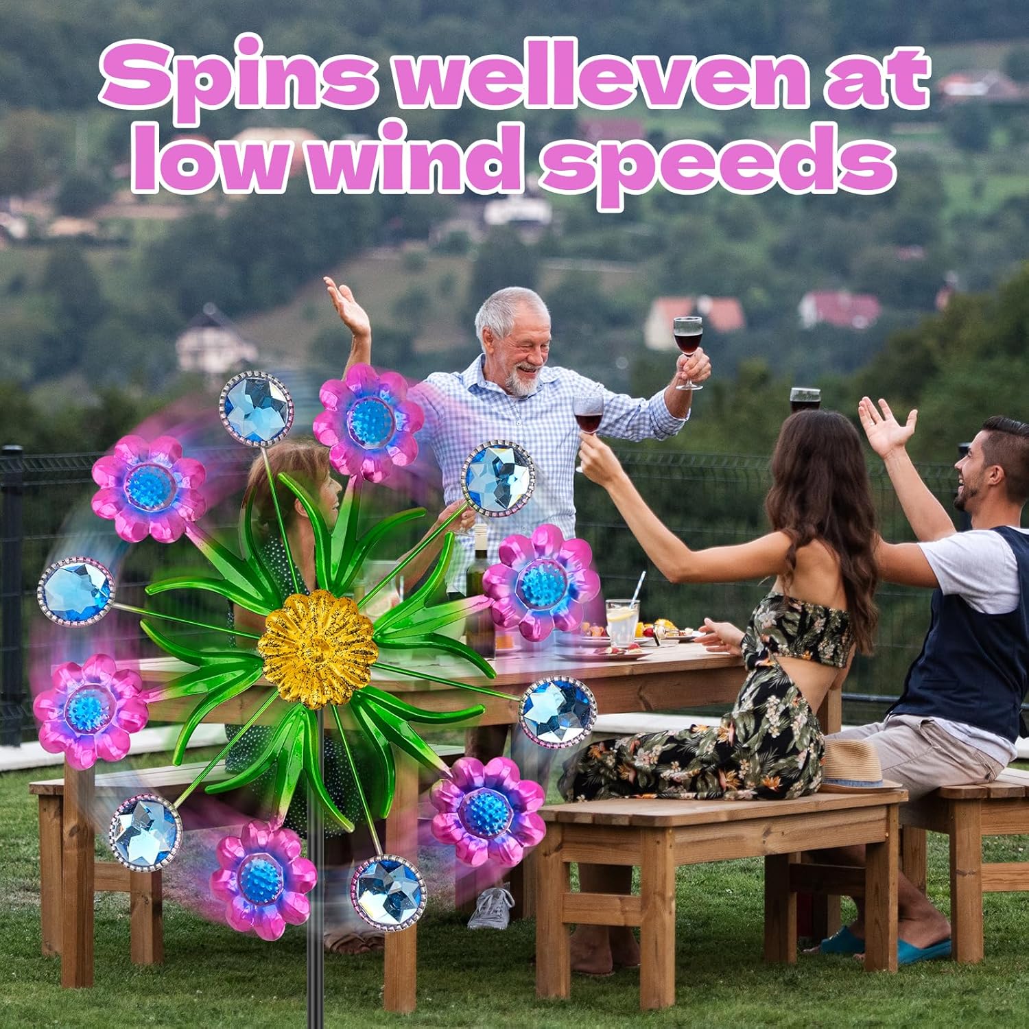 紫の花 ウィンドスピナー 屋外 36インチ 金属風彫刻 杭付き ウィンドスピナー 庭や庭の芝生パティオの装飾用