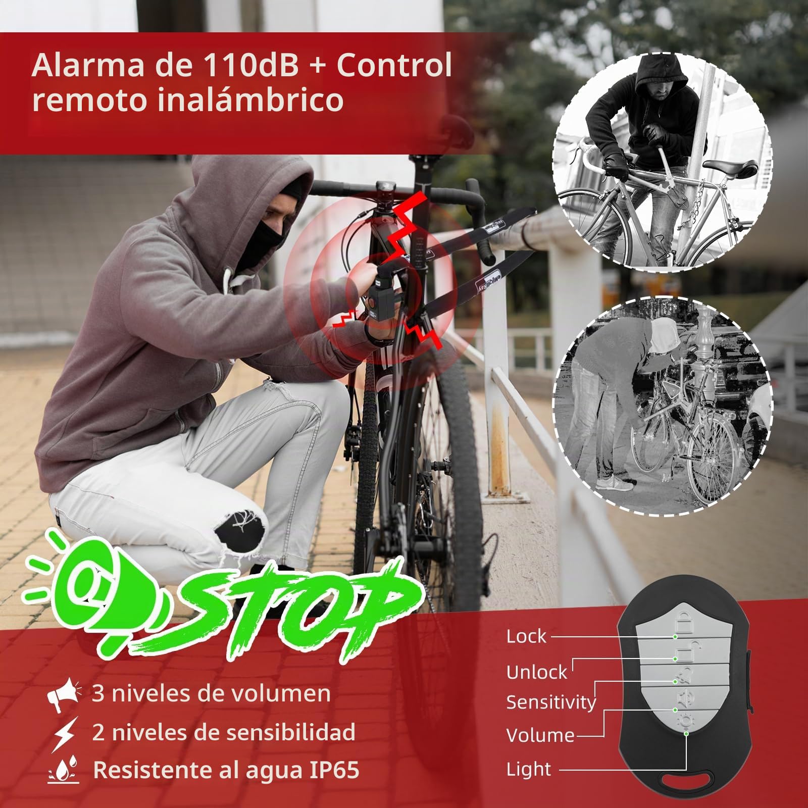 BANGTING 120CM Cadena Bicicleta Antirrobo con 110dB Alarma, Candado Bicicleta con 3 llaves, Cadena Bicicleta Antirrobo para Bicicletas, Motos, Scooters (Negro)