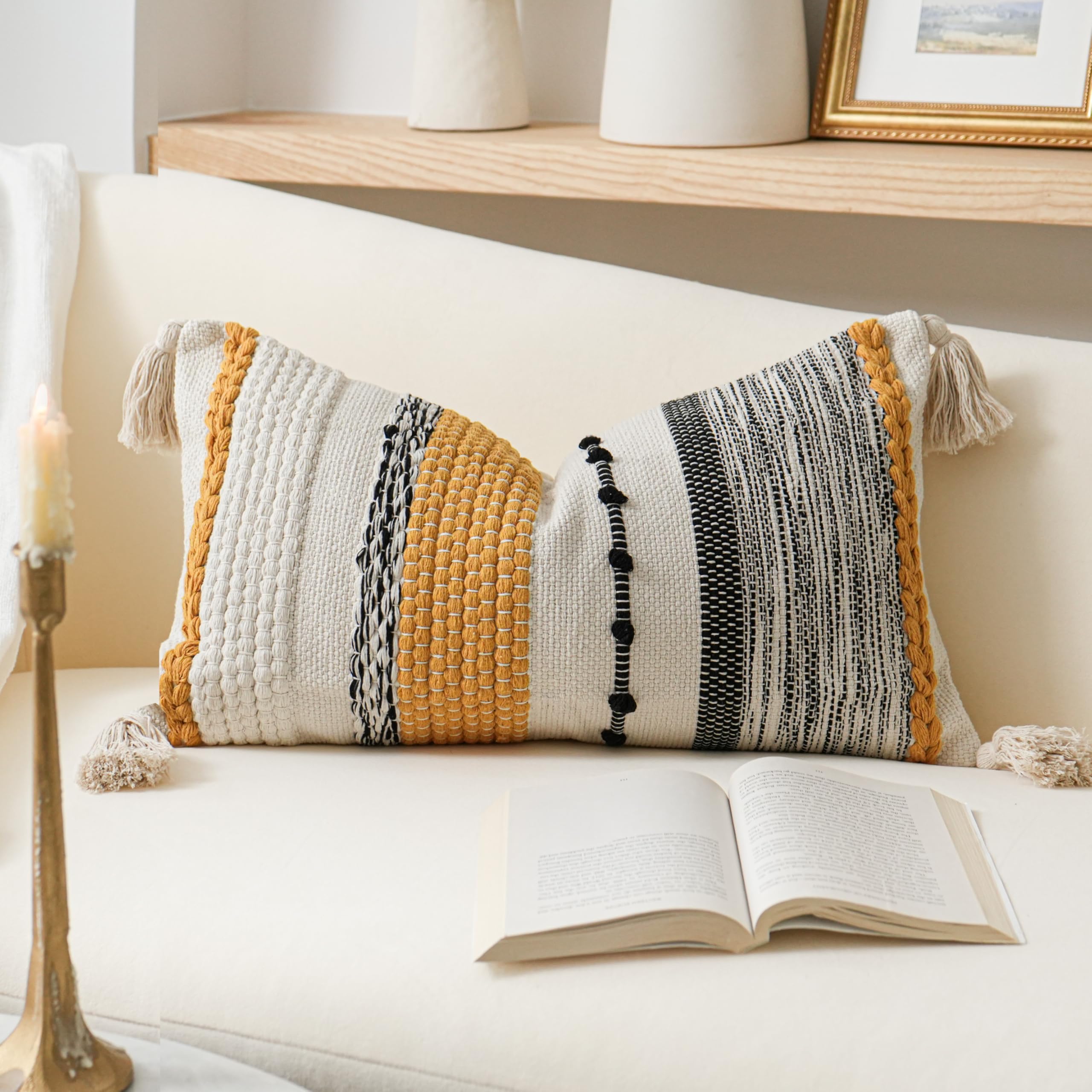 Blissblush Women's Mustard Decorative Lumbar Throw Pillow Cover 14X24 Boho Yellow Accent Cushion For Couch Sofa Farmhouse Pillowcase For Bedroom Living Room Home Décor Cover Only