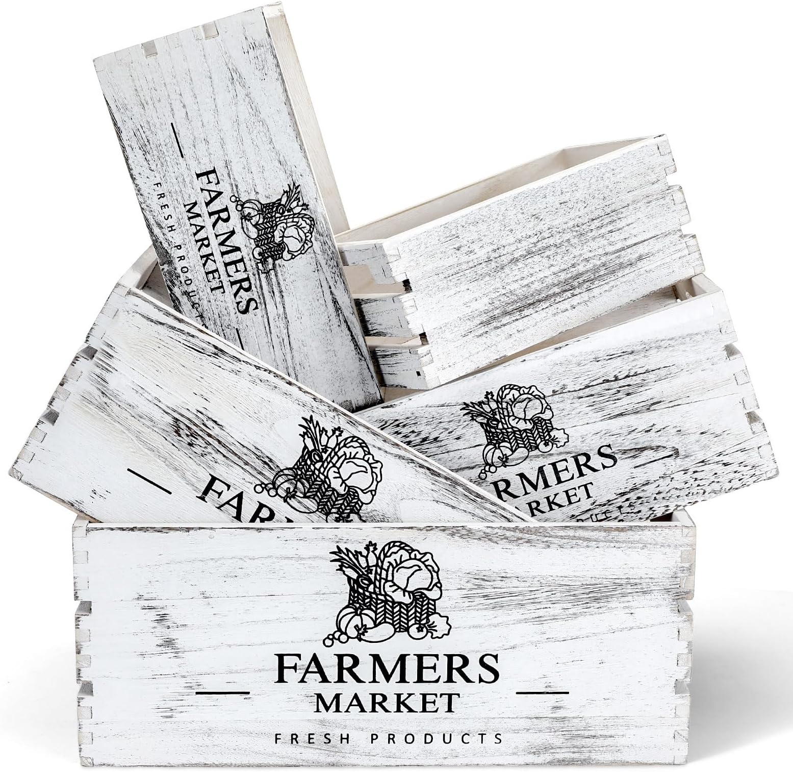 Barydat Set of 5 Wood Crates for Display Decorative Nesting Wooden Crate Storage with Handles Vintage Farmhouse Style Decorative Boxes Multipurpose Fruits Vegetables Boxes (Rustic White,Elegant)