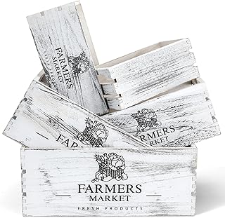 Barydat Set of 5 Wood Crates for Display Decorative Nesting Wooden Crate Storage with Handles Vintage Farmhouse Style Decorative Boxes Multipurpose Fruits Vegetables Boxes (Rustic White,Elegant)