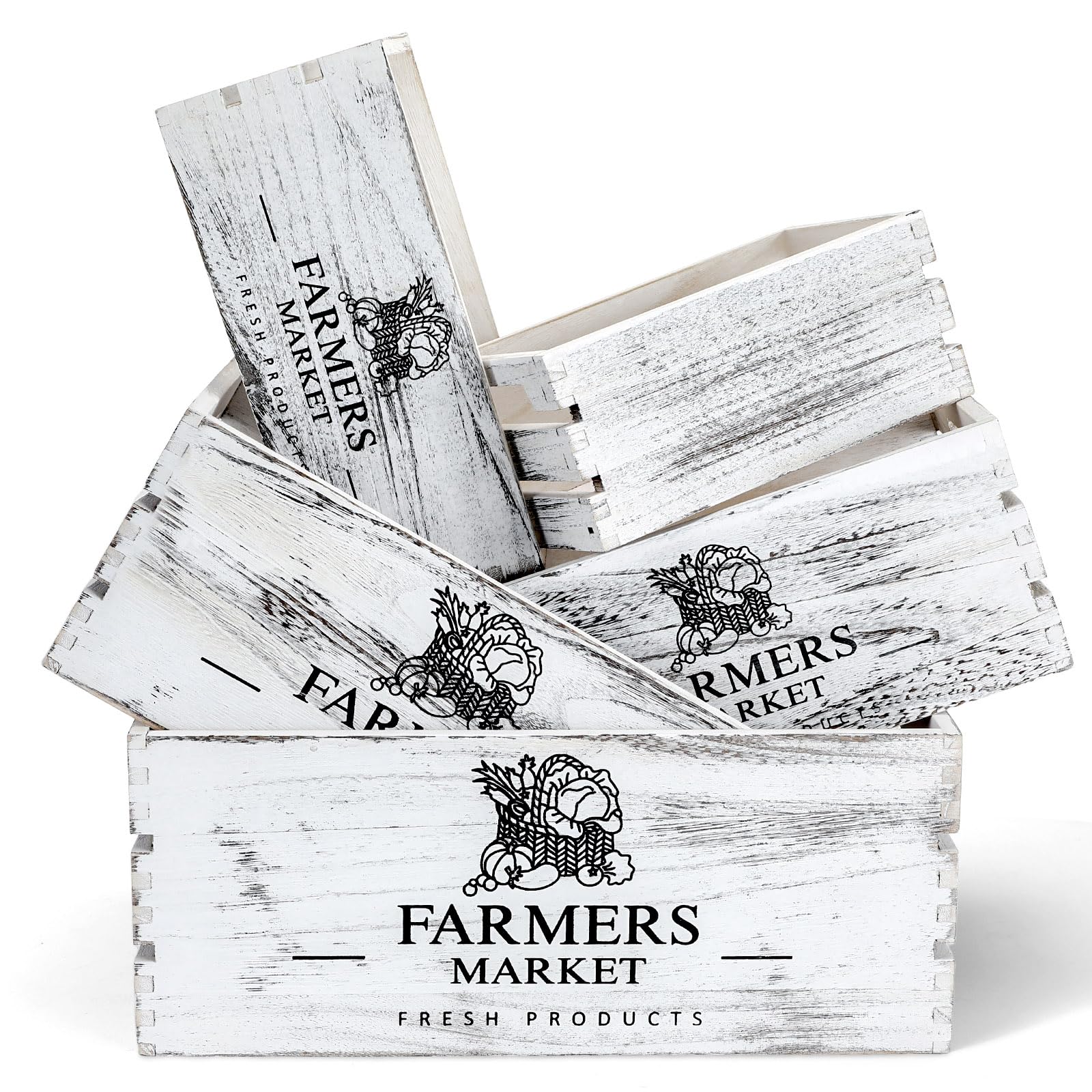 Barydat Set of 5 Wood Crates for Display Decorative Nesting Wooden Crate Storage with Handles Vintage Farmhouse Style Decorative Boxes Multipurpose Fruits Vegetables Boxes (Rustic White,Elegant)