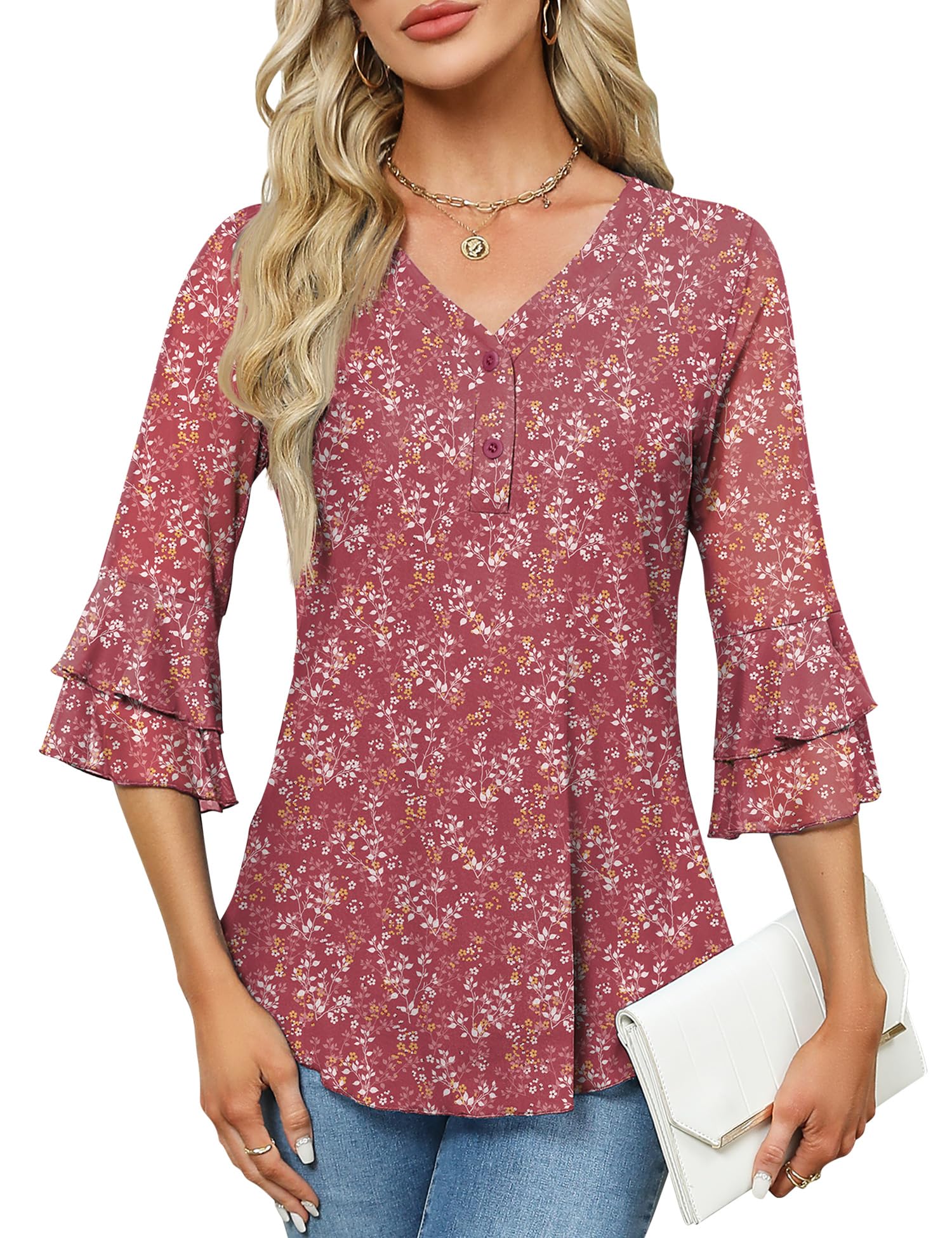 Rapbin Women Dressy Blouse 3/4 Sleeve Tiered Bell Sleeve Double Layers Mesh Shirt Trendy Flowy Tunic