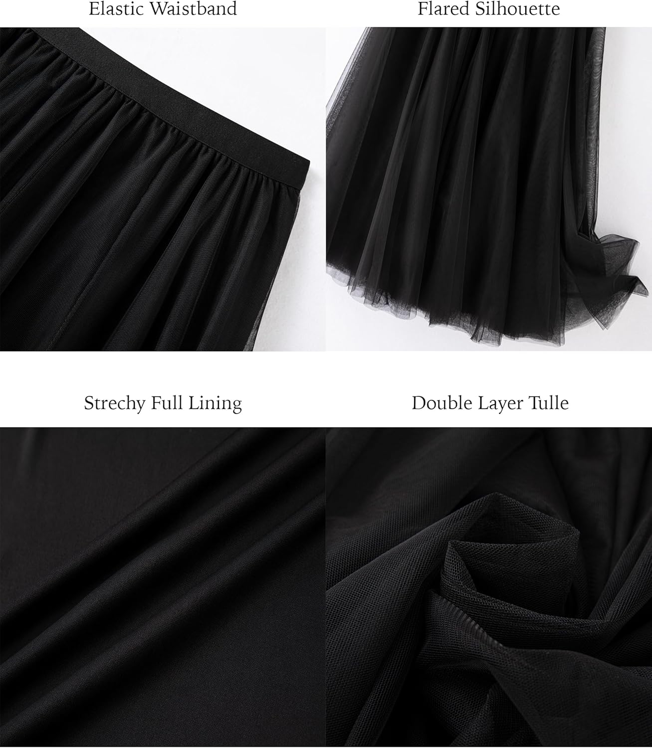 Women’s Double Layer Midi Tulle Skirt High Elastic Waist A-Line Skirt Fairytale Tutu Skirt