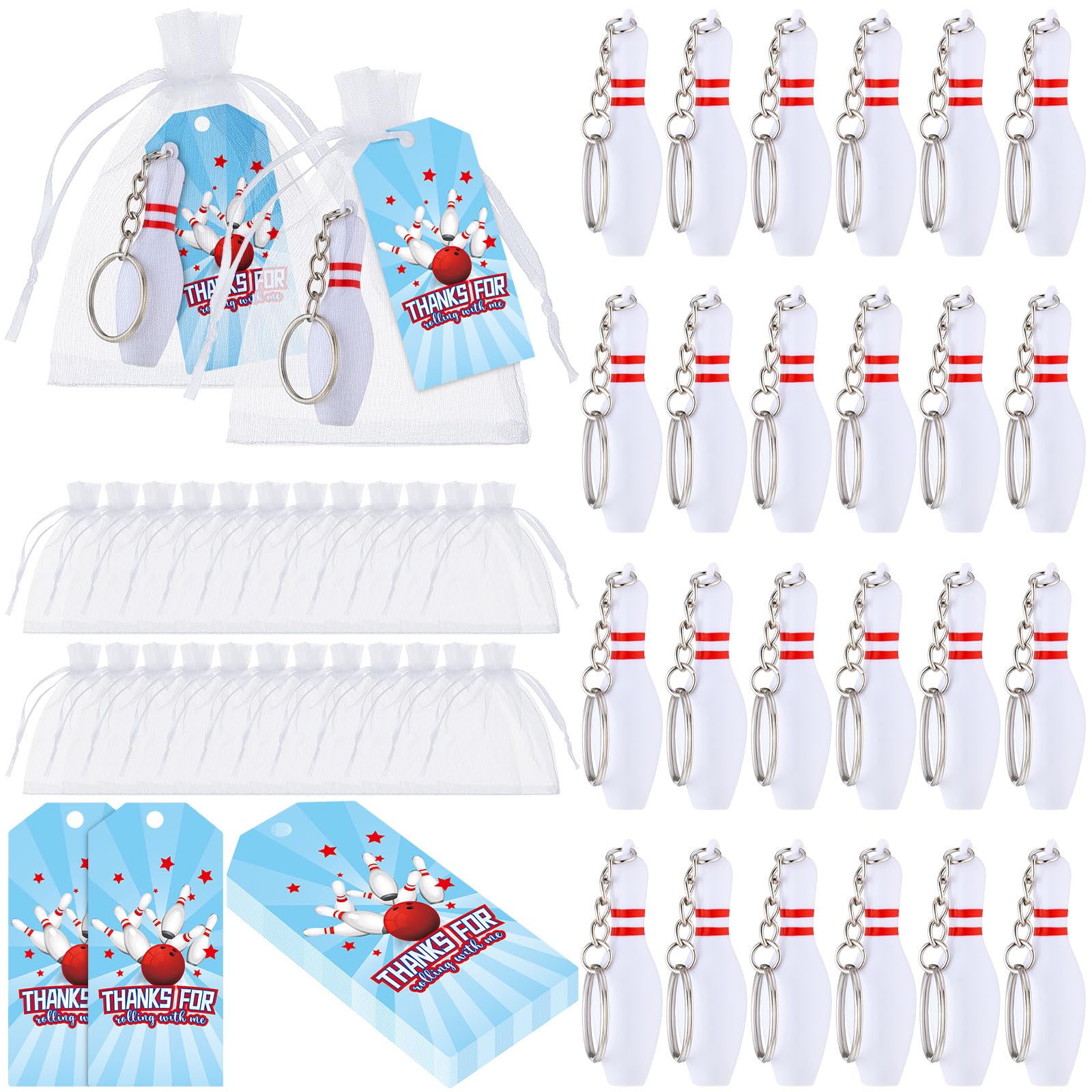 Remuuly 24 Pack Bowling Party Favors, Include Plastic Bowling Pins Keychain Sport Keychain with White Organza Bags and Thank You Tag for Bowling Party Favors, Team Sports Souvenir, Gifts for Athletes