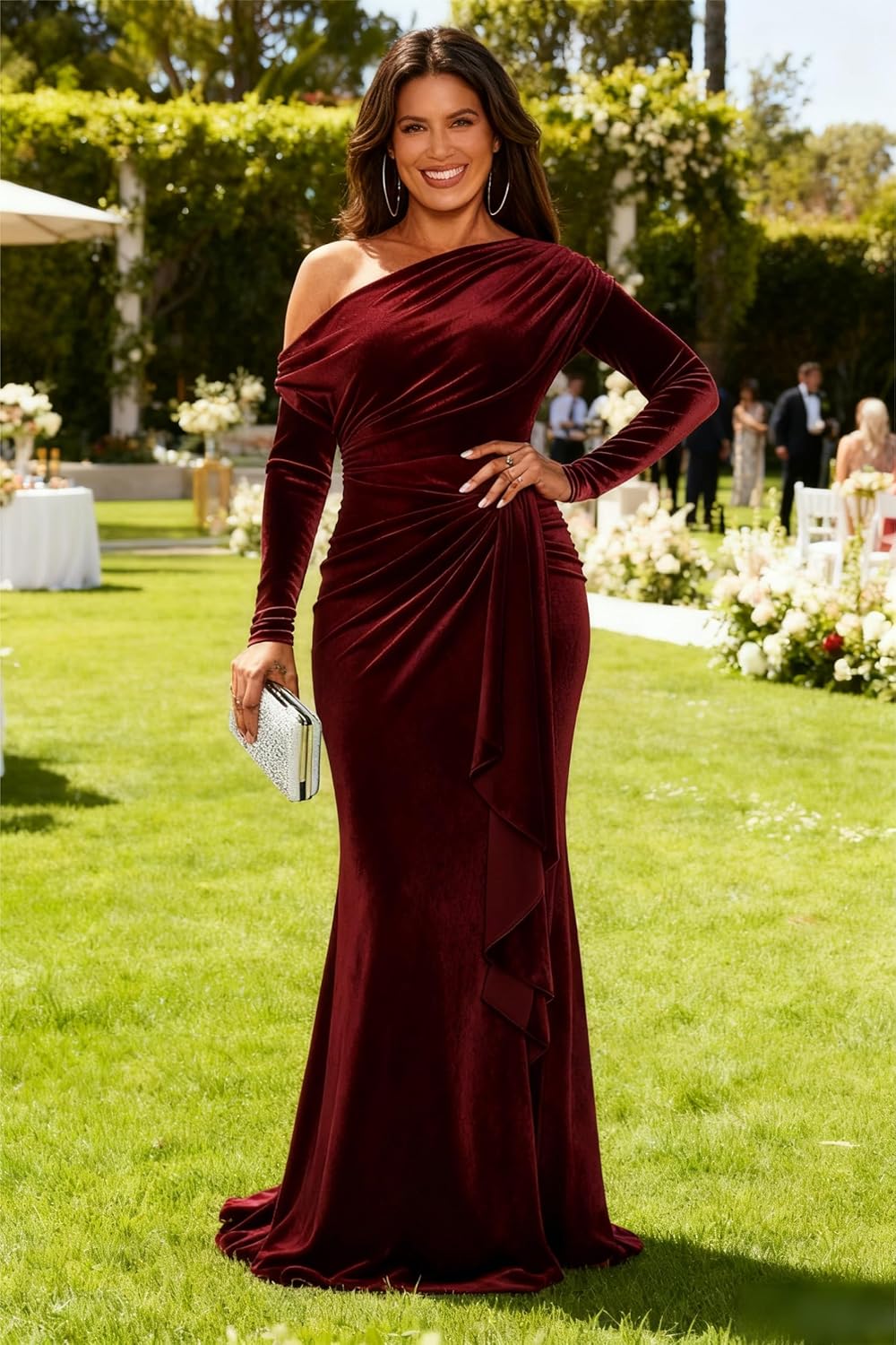 FUMY Women's Off Shoulder Mermaid Formal Party Evening Dresses Velvet Long Sleeves Wedding Guest Dress FM022 - Image 3