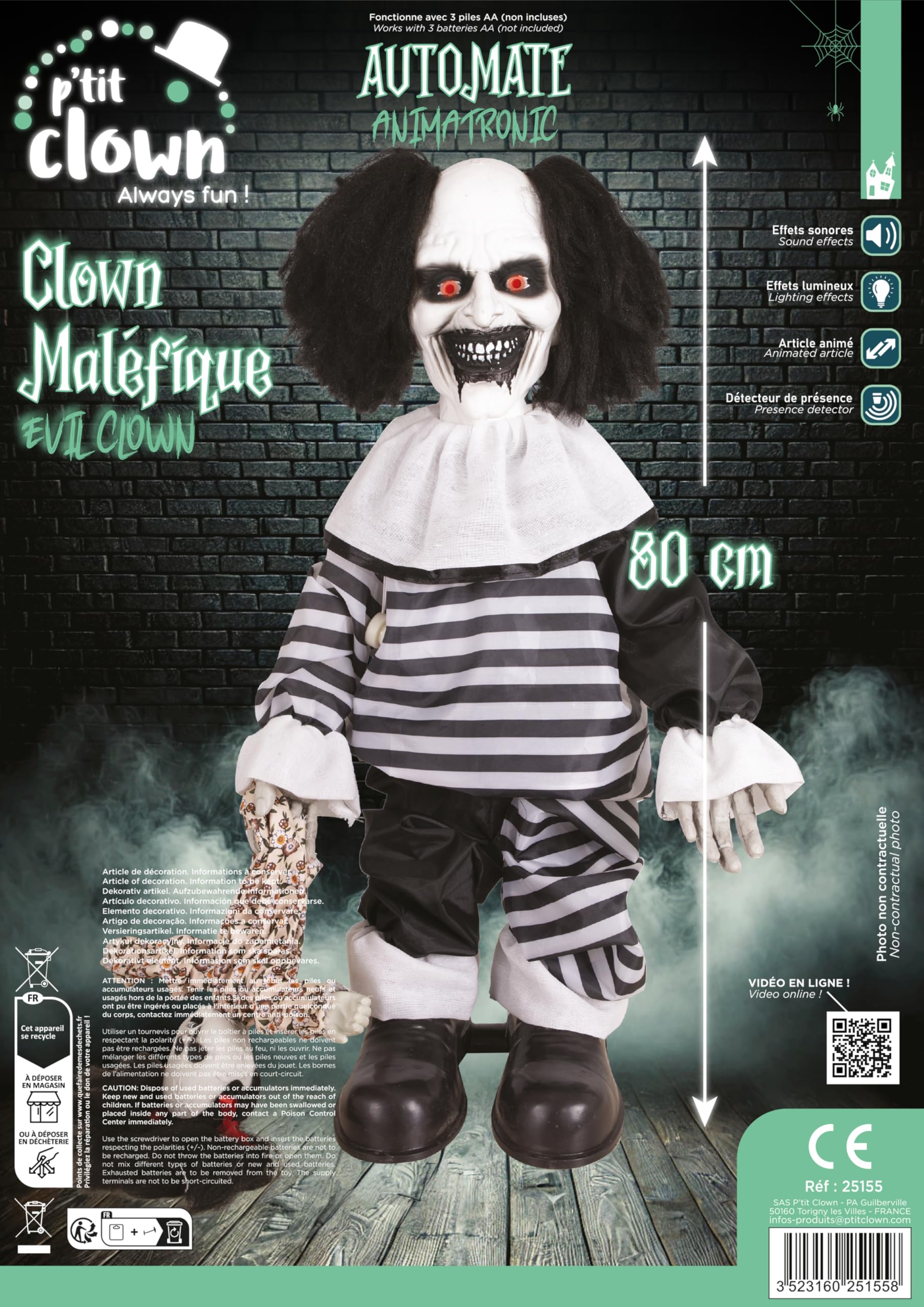 VARZI Clown Animato con Bebè Decorazione Halloween 80cm Luci E Suoni