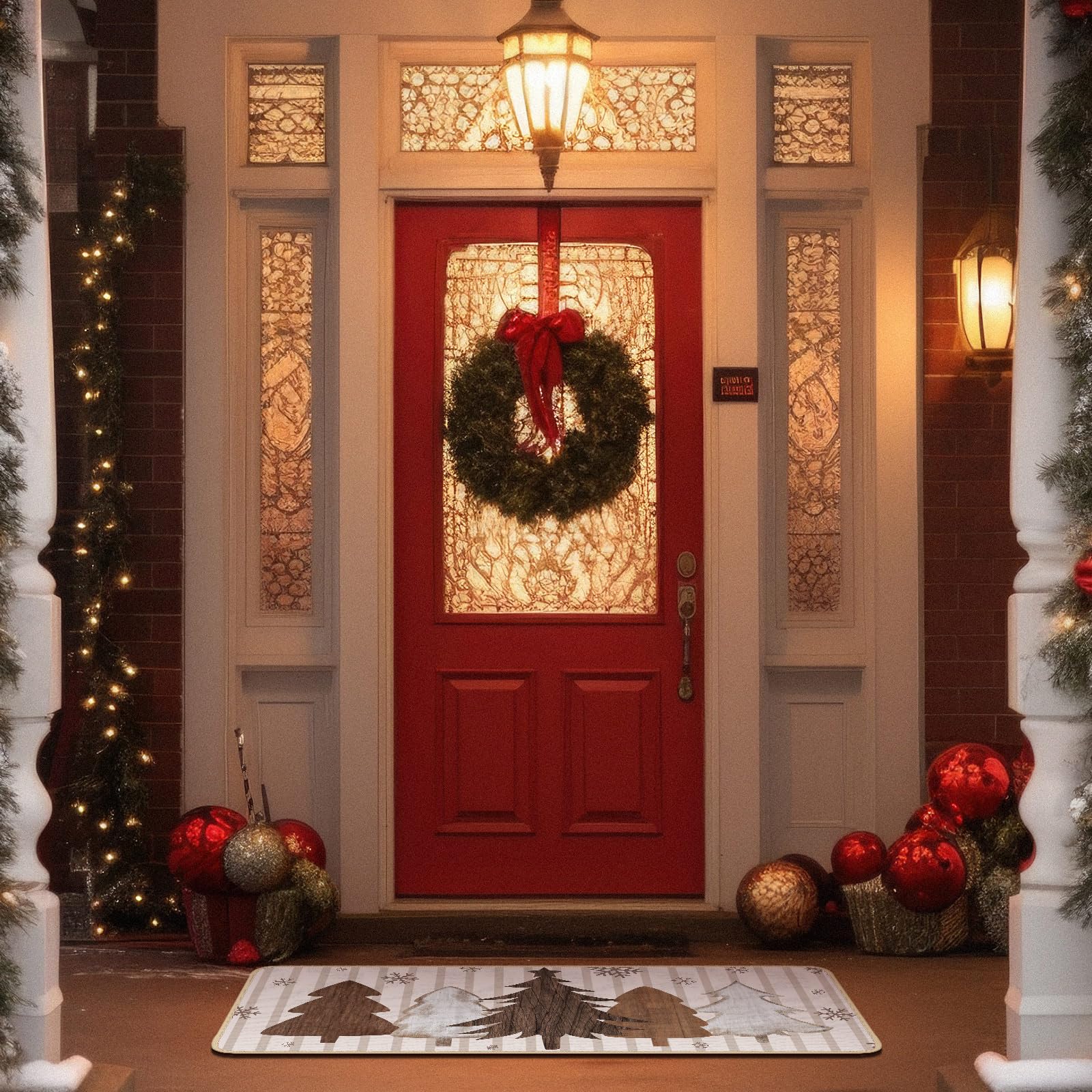 Tinideya Küchenteppich, Motiv: Frohe Weihnachten, Holzbaum, Schneeflocken, Urlaub, Winter, Vintage, neutrale Weihnachtsdekoration, Innen-Bodenmatte für Küche, Badezimmer, Heimdekoration, 3 Stück