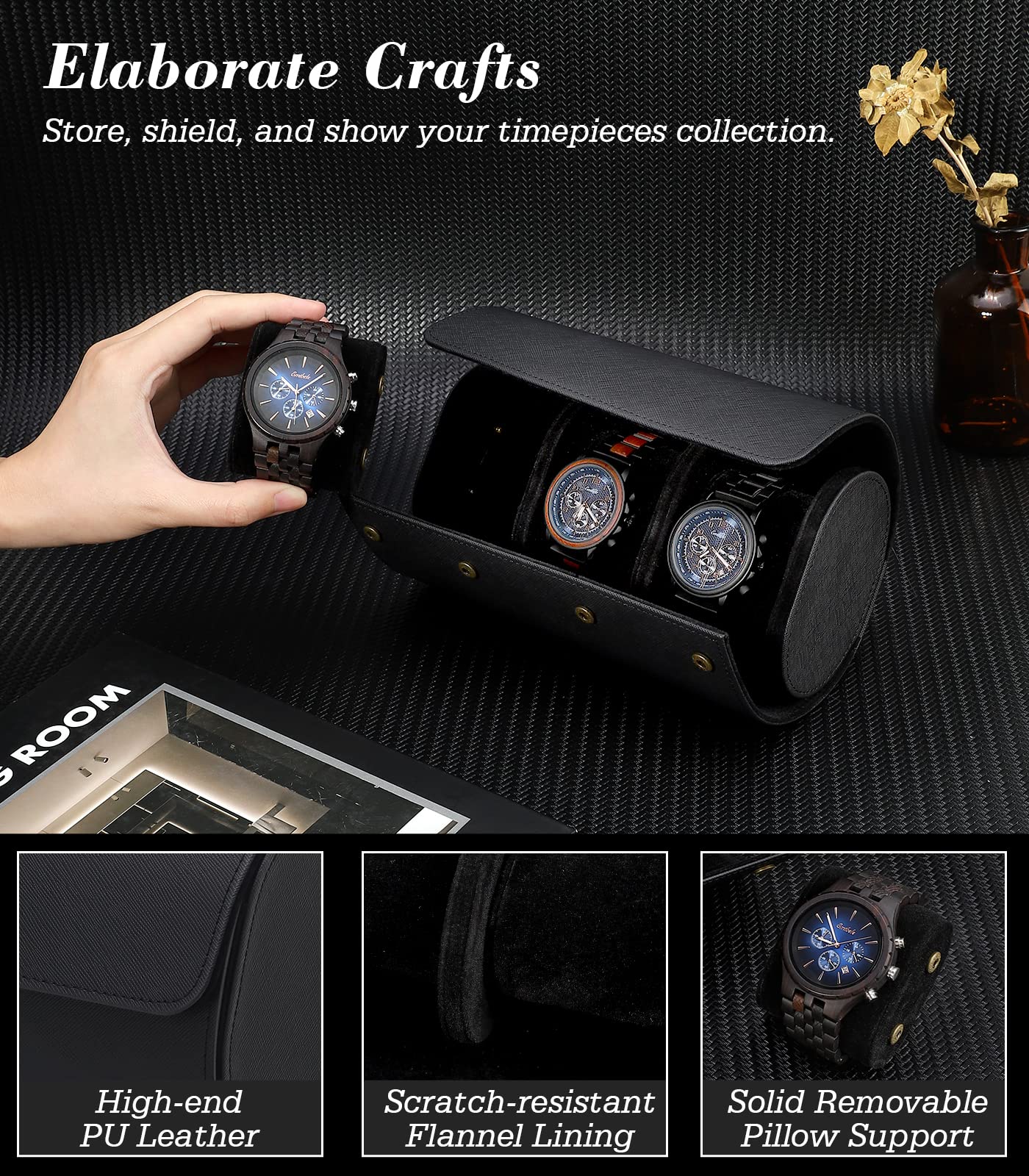Emibele Boîte de Rangement pour Montres, Étui de Montre de Voyage Portable en Cuir PU à 3 Fentes, Sac à Transporter pour Bracelet à Montre avec Coussins Amovibles et Séparateurs Solides - Noir