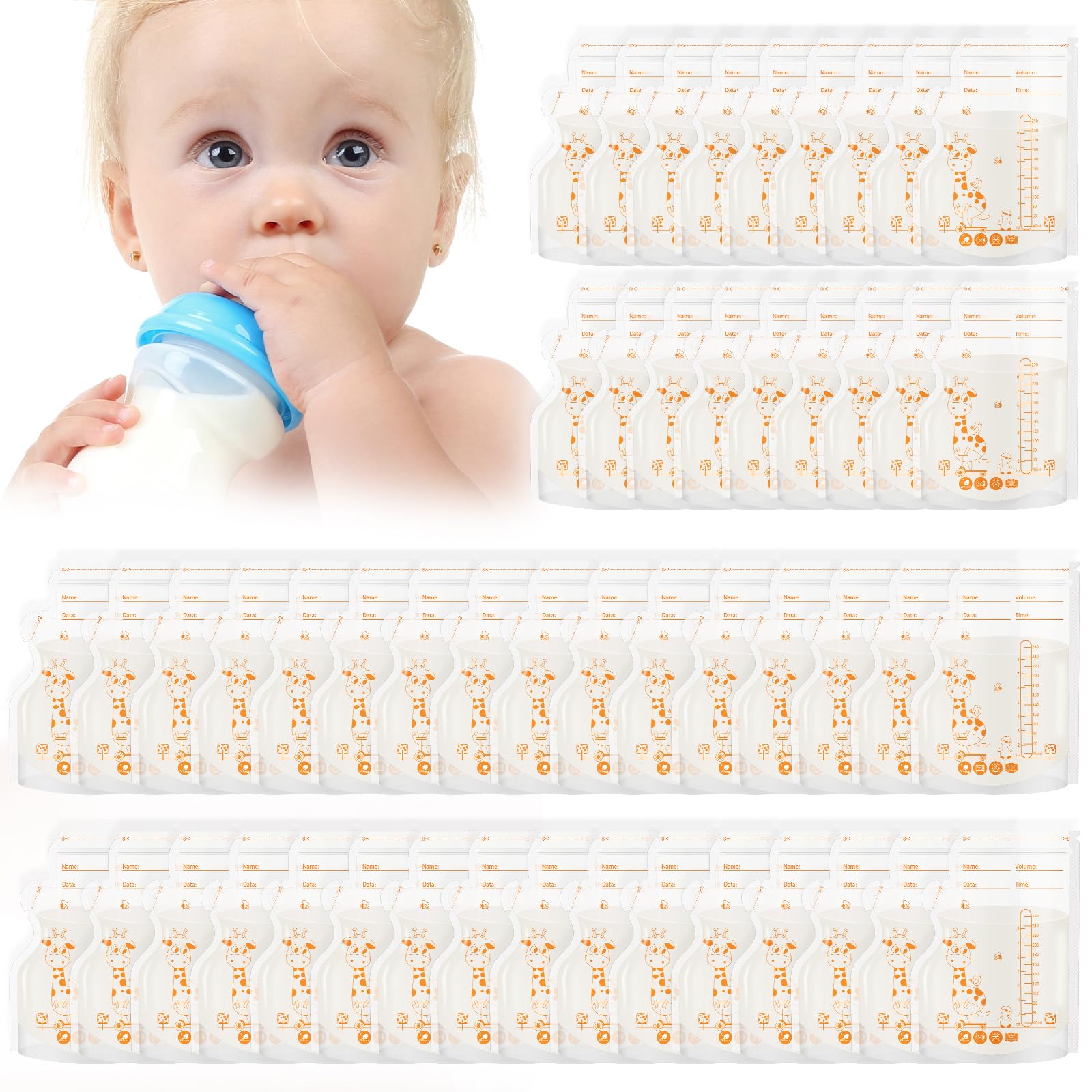 Aolso 50 Beutel Muttermilchbeutel, 250 ml, BPA-freie Muttermilch-Aufbewahrungsbeutel zum Stillen, Muttermilch Aufbewahrung Bag für Muttermilch, gefrierbare, auslaufsichere Milchbeutel, platzsparend