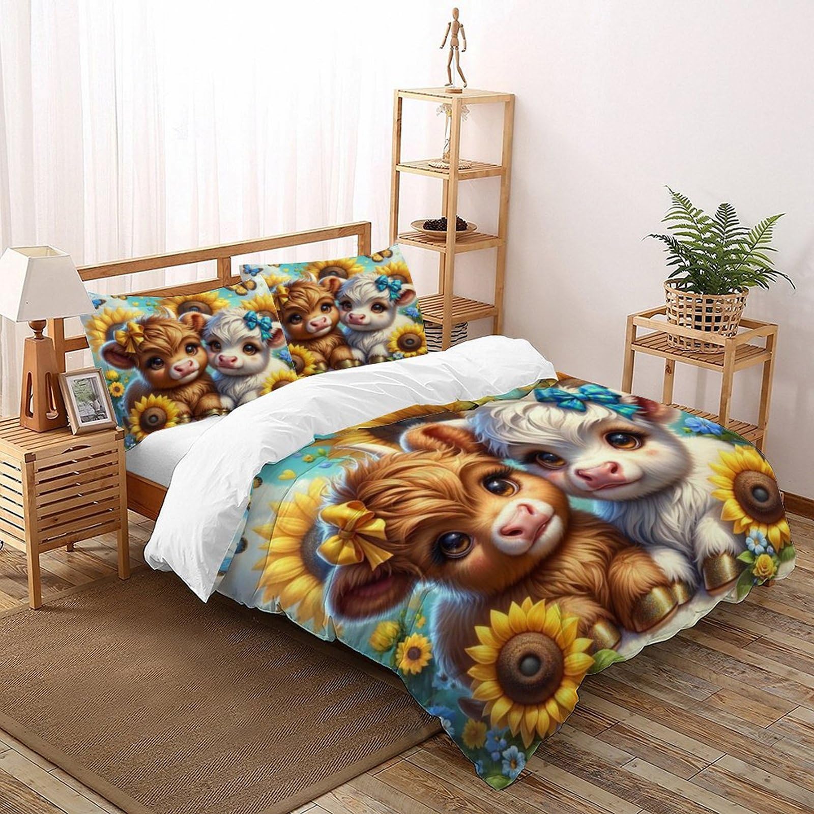 Housse de couette Vache des Hautes Terres parure de lit 3 pièces animal floral 260x220