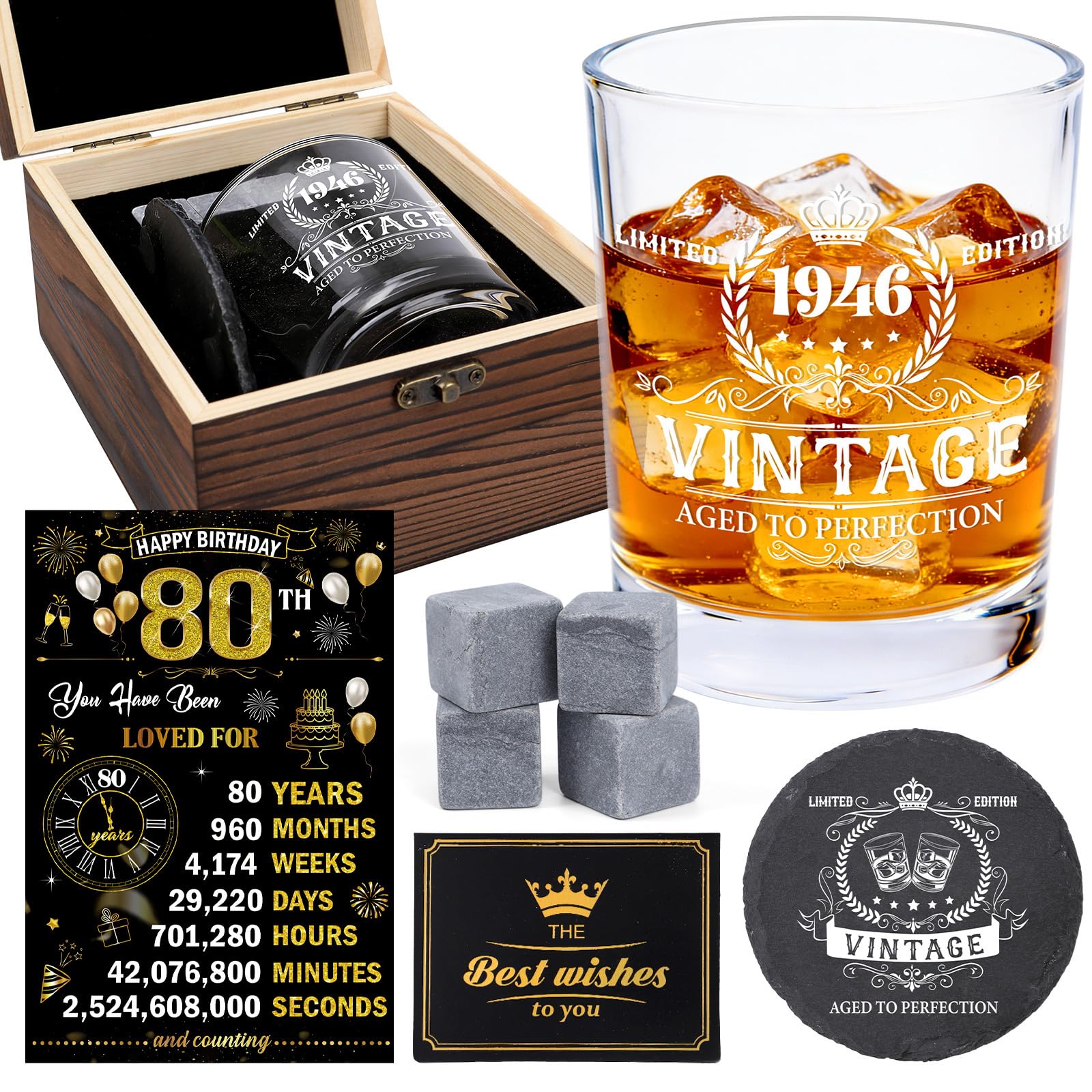 Luvart 80th Birthday Gifts for Men - Vintage 1946 Whiskey Glass Tumbler Wood Box Whiskey Stones Back in 1946 History Card Coaster Birthday Gift Set for Men Him Husband Dad 80 Year Old Party