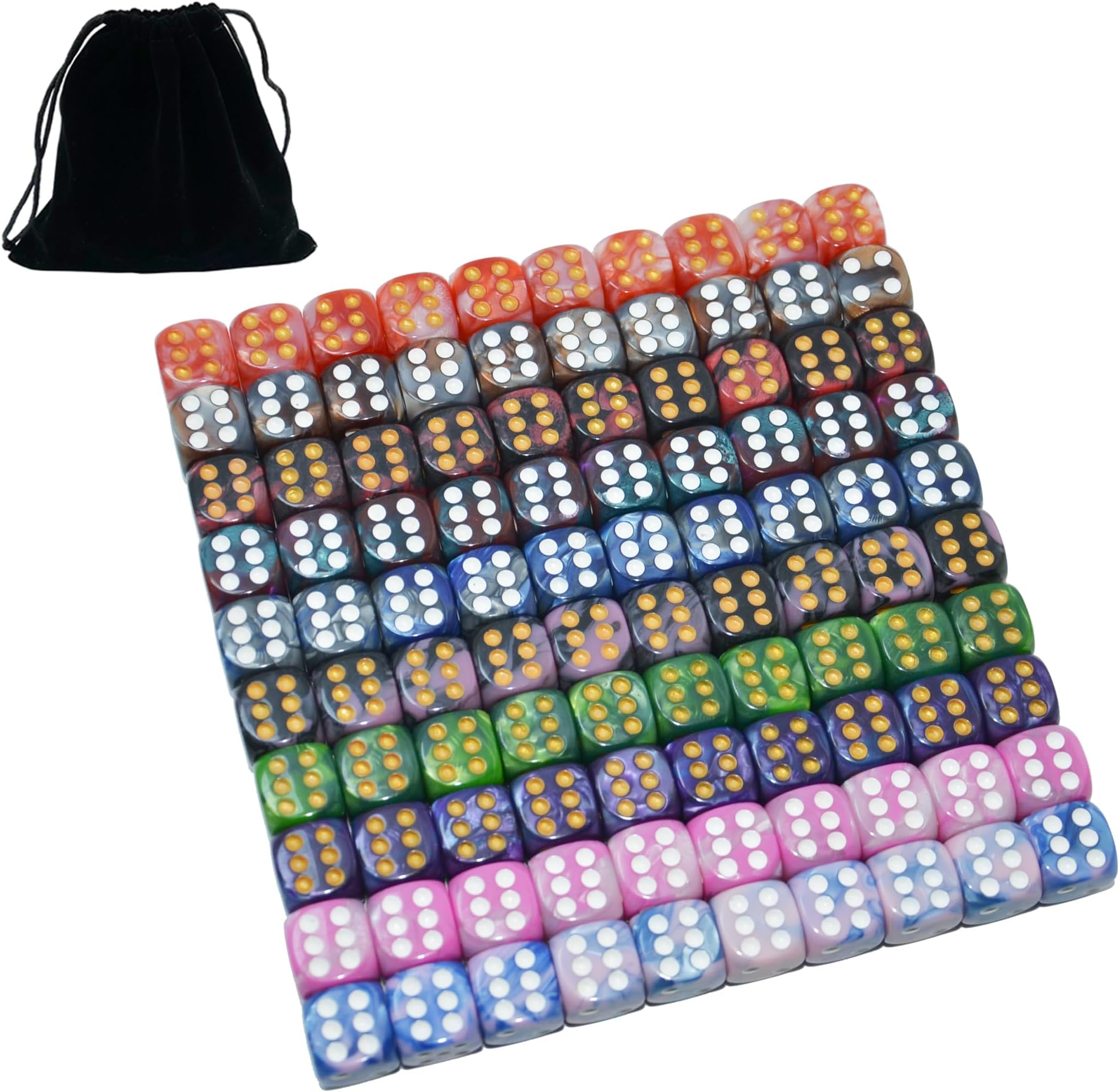 100-Pack Two Color Round Angle Six Sided Dice Die with Free Pouch for Tenzi, Farkle, Yahtzee, Bunco or Teaching Math (standard 16mm)