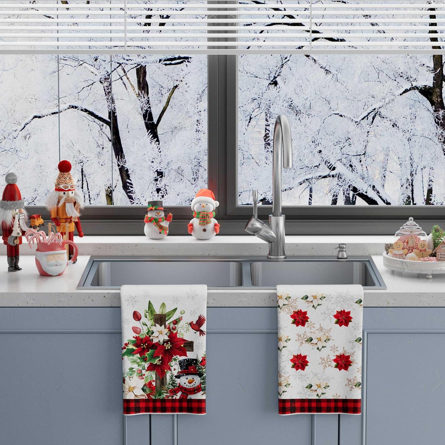 XCHI Red Plaid Winter Poinsettia Cross Snowman Christmas Kitchen Towels Dish Towels 18x26 Inch Xmas Home Kitchen Decorations Hand Towels Set of 2 Drying Dishcloth - Image 5