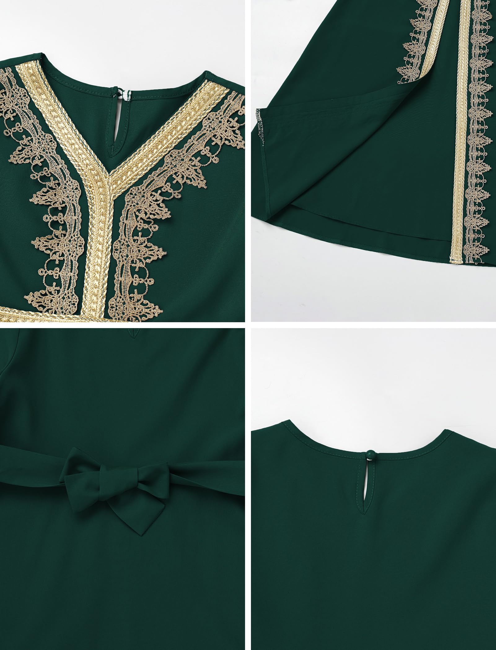 OBEEII Mädchen Muslimisches Ramadan Abaya Kinder Langarm V-Ausschnitt Spitze Gebetskleid Nahen Osten Arabisches Kaftan Kleid mit Gürtel