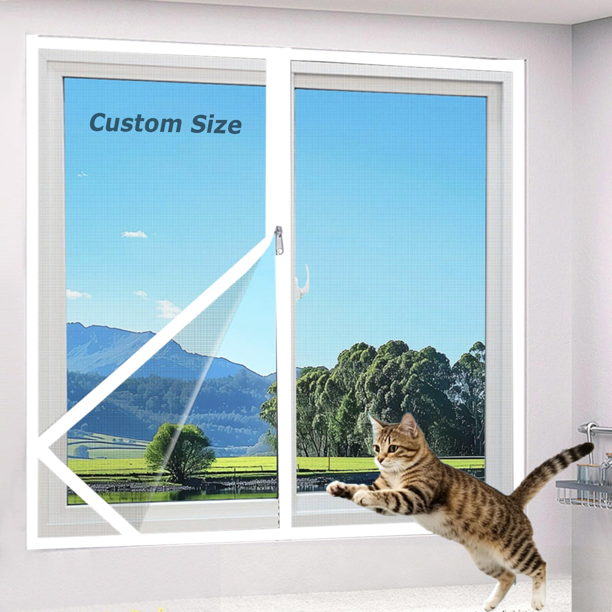 Duoleh Black Custom Size Window Screen Mesh For Bedroom Living Room, Kitchen, Cat Proof Insect Screen, Tear-Resistant, Self-Adhesive Pet Protection Window Guard With Zipper