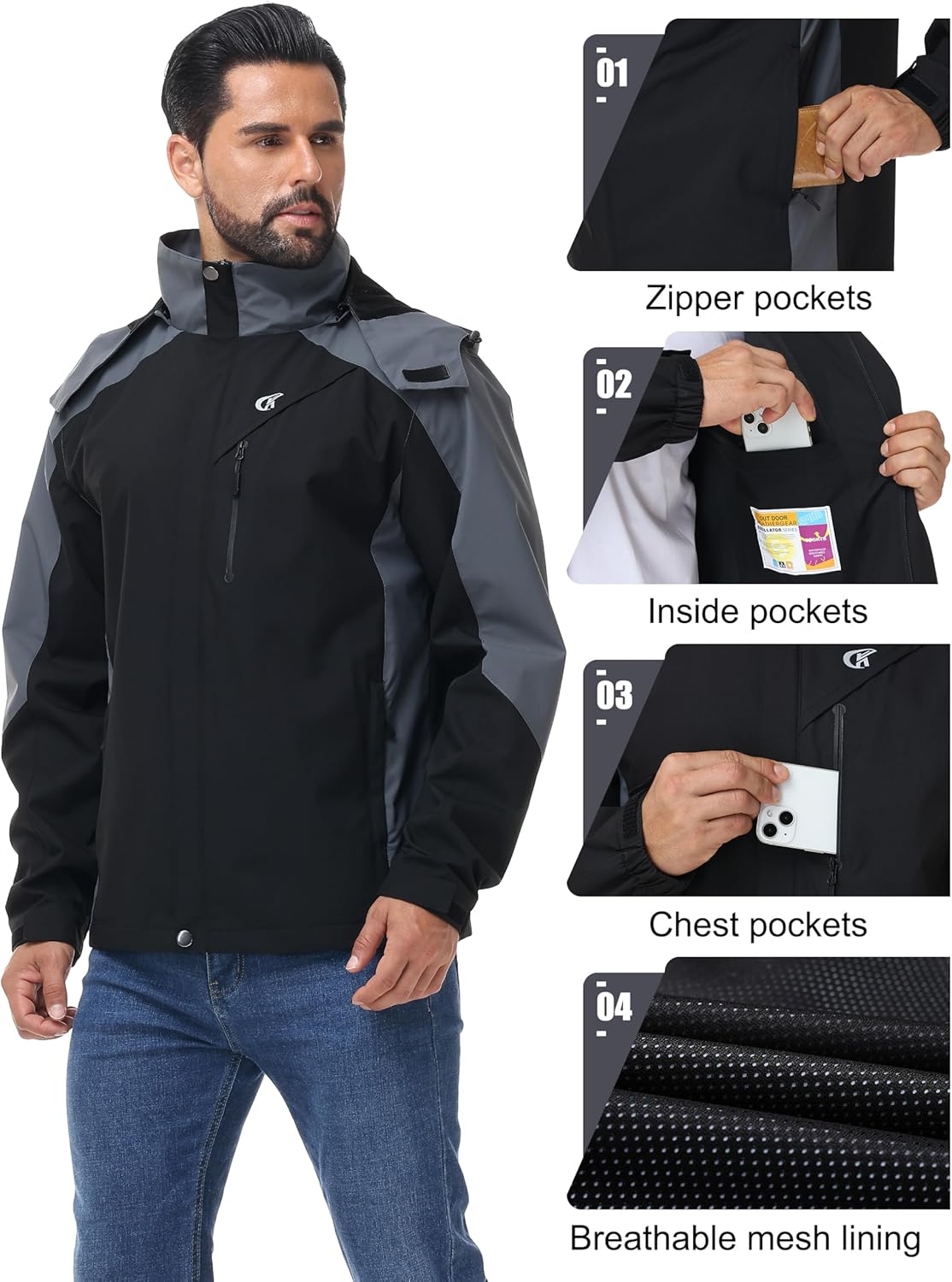 YuKaiChen Mens Rain Jacket Waterproof with Hooded Hiking Coat Lightweight Windbreaker - Image 4