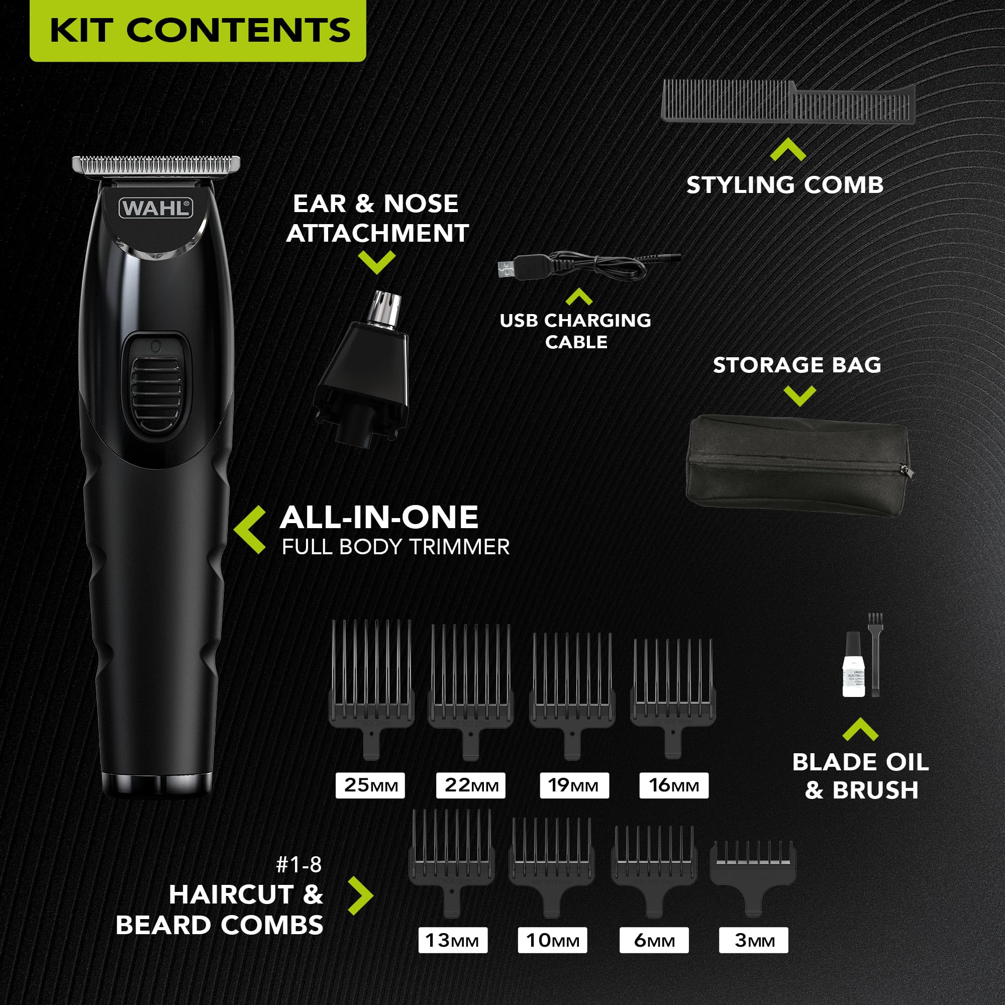 WAHL All in One Trimmer, Pielęgnacja Włosów, Brody, Uszu, Nosa i Ciała, Mocny Akumulator Litowy, 0,5-25 mm, 210 minut