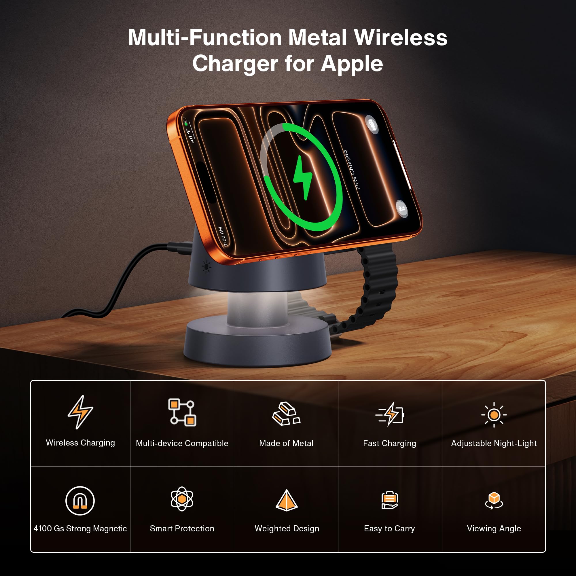 iVANKY 4 in 1 Caricabatterie wireless per iPhone 17e Stazione di ricarica con luce notturna, Qi2 15W 3 in 1 MagSafe caricabatterie per iPhone 17/16/15/14/13/12/11/Pro/Max, Apple iWatch, Airpods