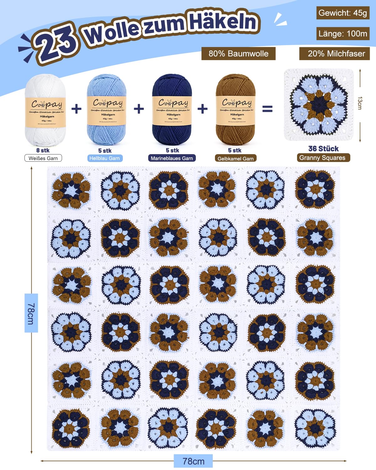 Coopay Granny Square - Set di uncinetti per principianti e professionisti, set completo per uncinetto con filato per uncinetto, istruzioni (lingua italiana non garantita), video tutorial, set di