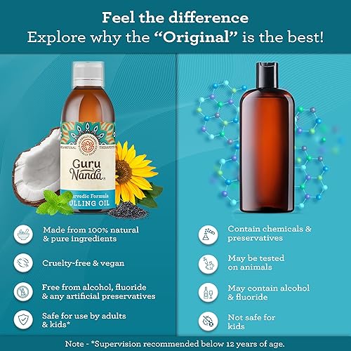 Vista 5 de GuruNanda - Paquete de 3 aceites originales para jalar, sin alcohol ni flúor, enjuague bucal natural, mezcla ayurvédica para dientes y encías