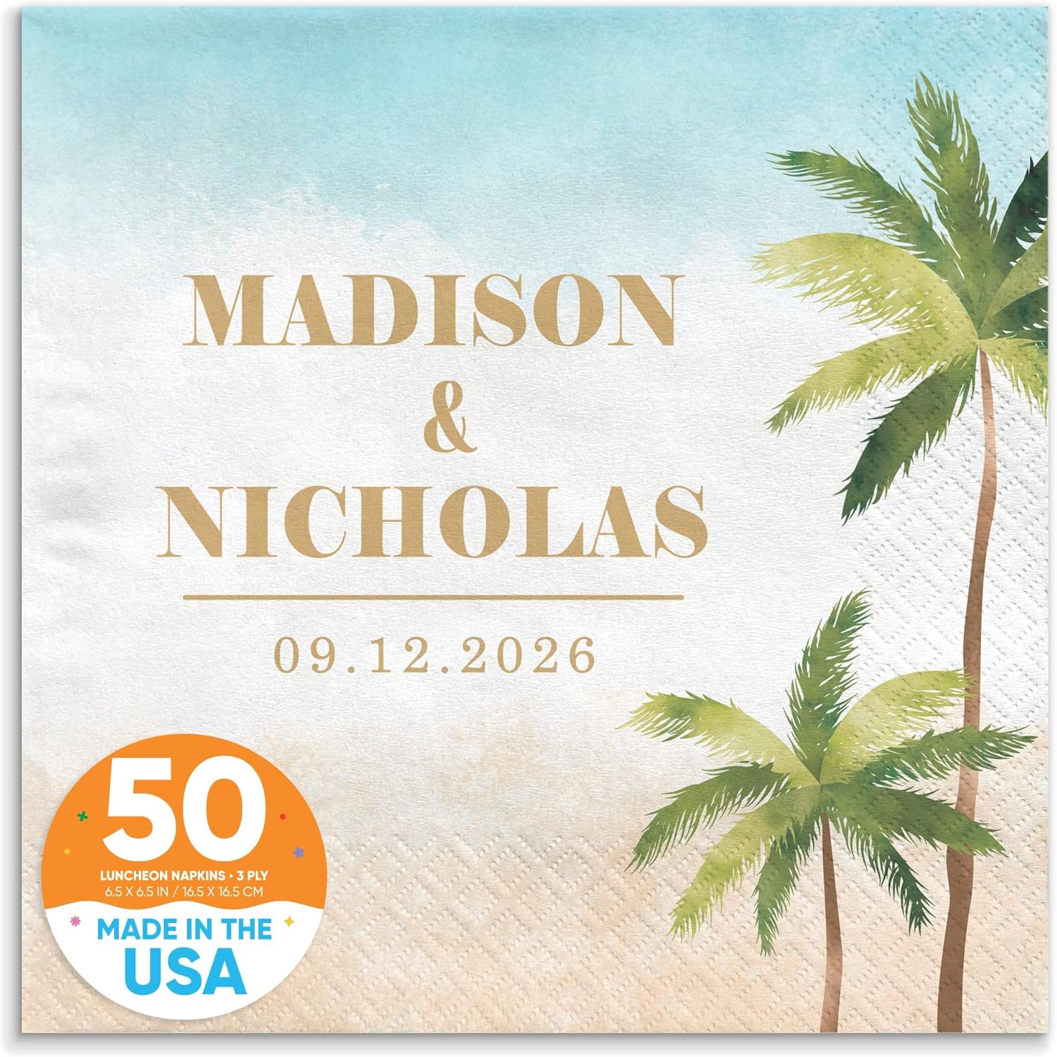 Big Dot of Happiness Personalized Beach Wedding Party Napkins, Custom Anniversary or Engagement Party Decor, White 3-Ply Paper Luncheon Napkins - 150 Count
