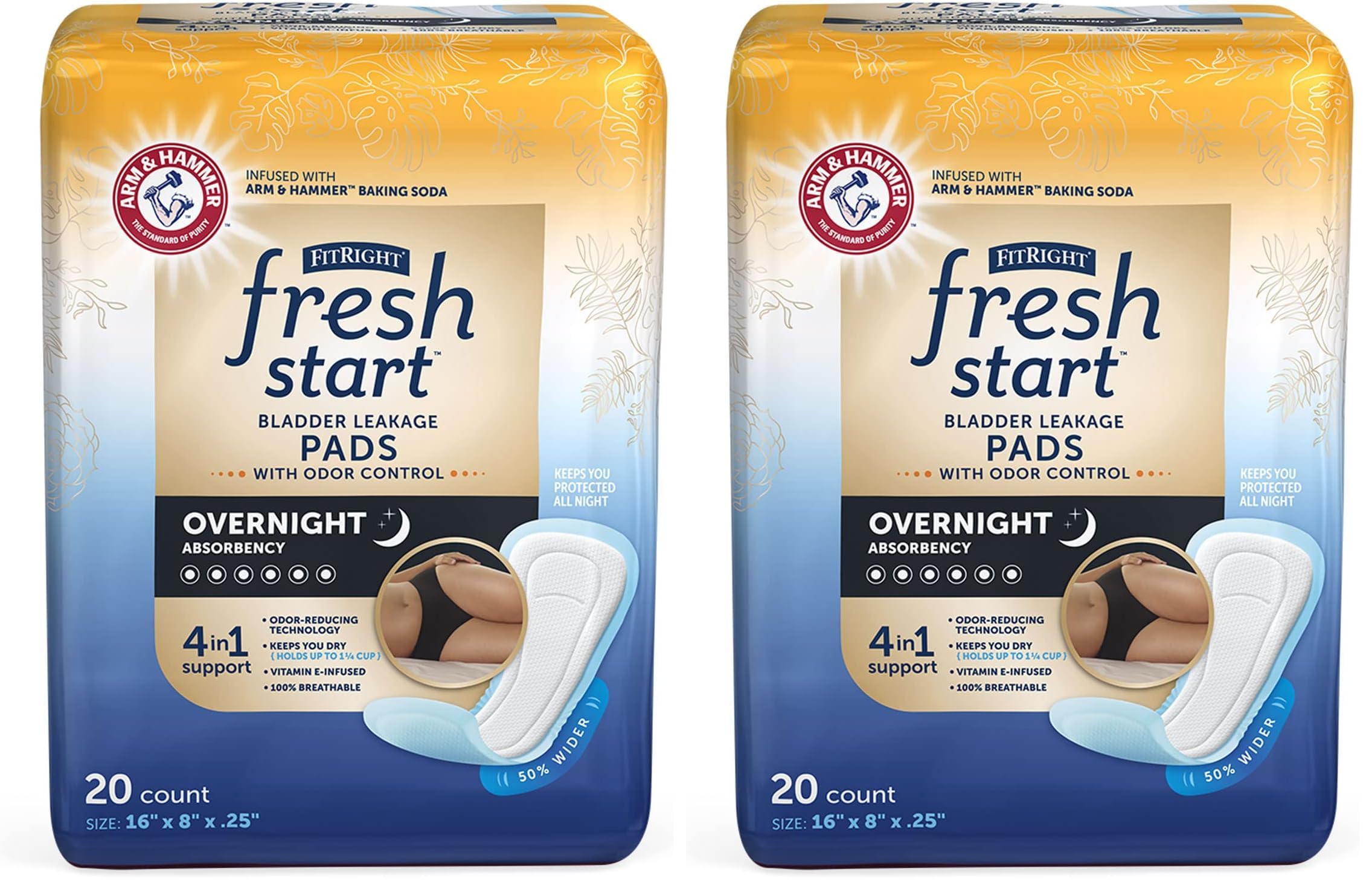 FitRight Fresh Start Postpartum and Incontinence Pads for Women, Overnight Absorbency (20 Count) Bladder Leakage Pads with The Odor-Control Power of ARM & Hammer (20 Count, Pack of 2)