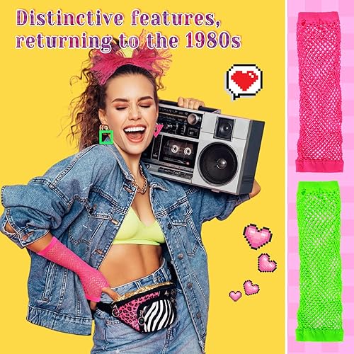 Miniatura 4 de 10 piezas de accesorios de los años 80 para mujer, disfraz de encaje, diadema de encaje, guantes de red de neón de los años 80, traje para fiesta
