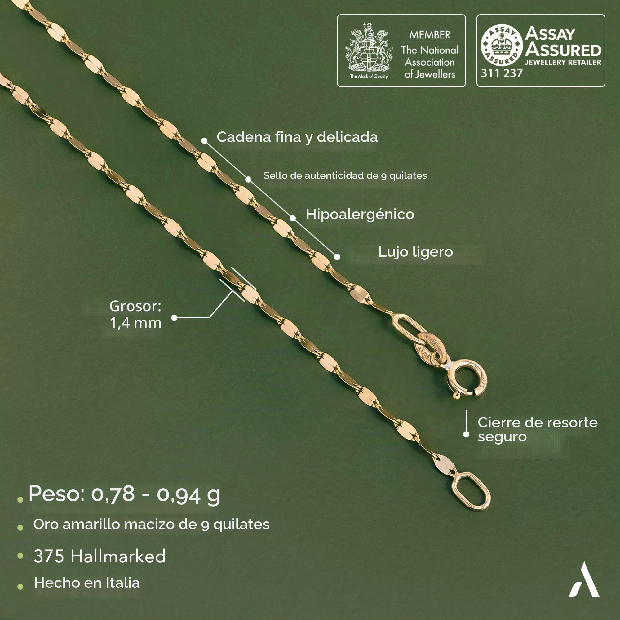 Amberta Cadena de Oro Amarillo de 9 14 Quilates para Mujer | Collar de Oro Macizo Estilo Espejo, Retorcido o Popcorn 40 45 50 cm