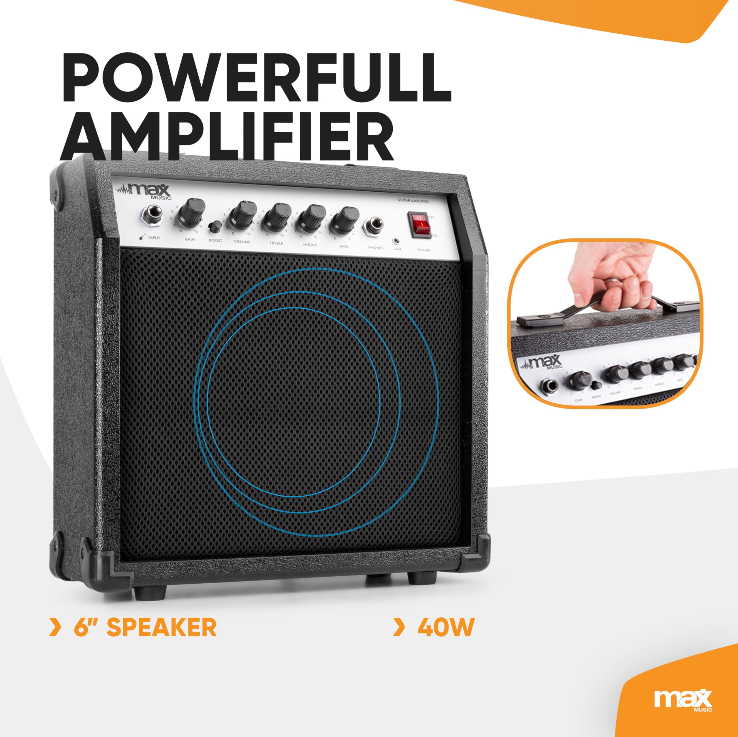MAX GIGKIT Guitare Électrique Gaucher Noire - Pack Complet Débutant avec Ampli 40 Watts, Nombreux Accessoires Inclus, Housse, Accordeur, Sangle, Médiators, Cordes, Idéale pour les Débutants