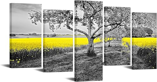 Kreative Arts Campo amarillo en blanco y negro, arte de pared de la naturaleza, impresión en lienzo moderno, 5 paneles, paisaje de otoño, decoración