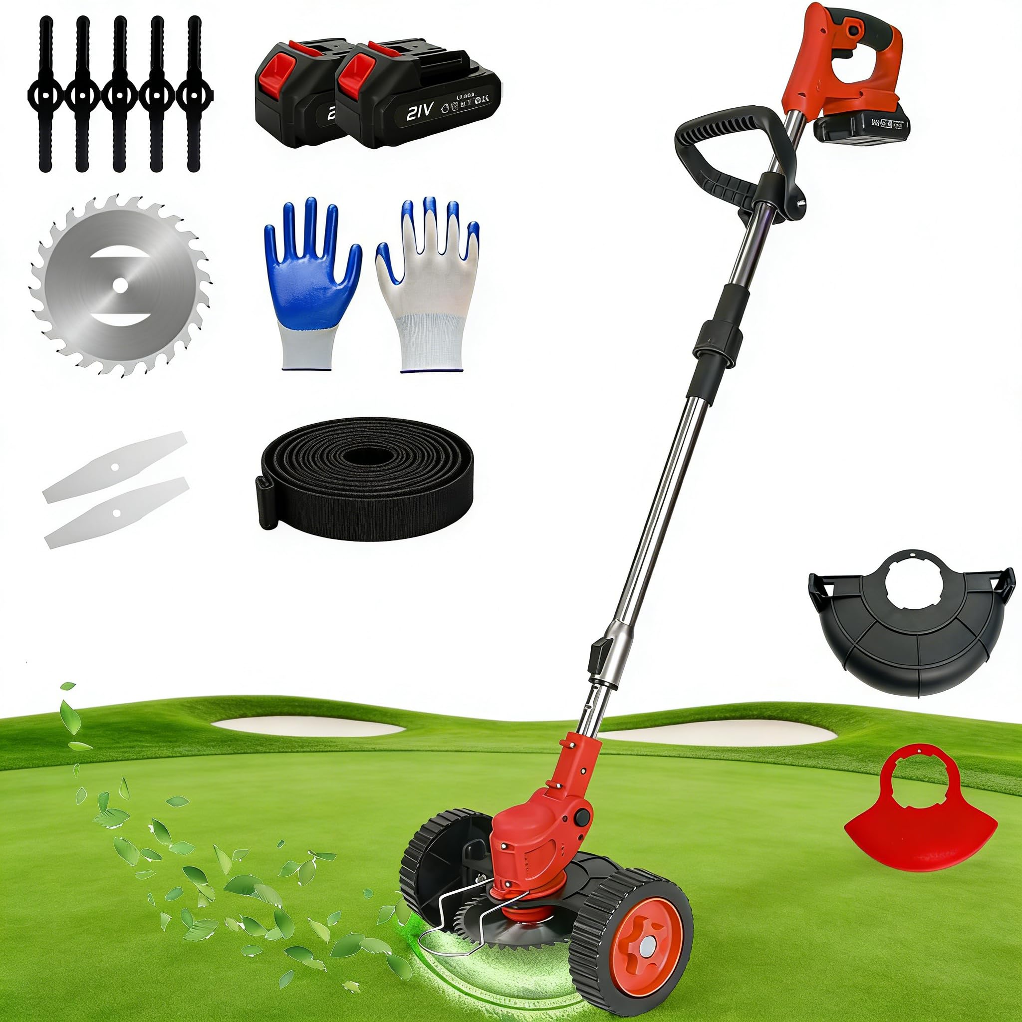 Hooha Decespugliatore a batteria, 18000r/min, con lama in acciaio inox e lama in plastica, 115-140 cm, 21 V, 2000 mAh, regolabile con basso livello di rumorosità per prato di golf e marciapiedi