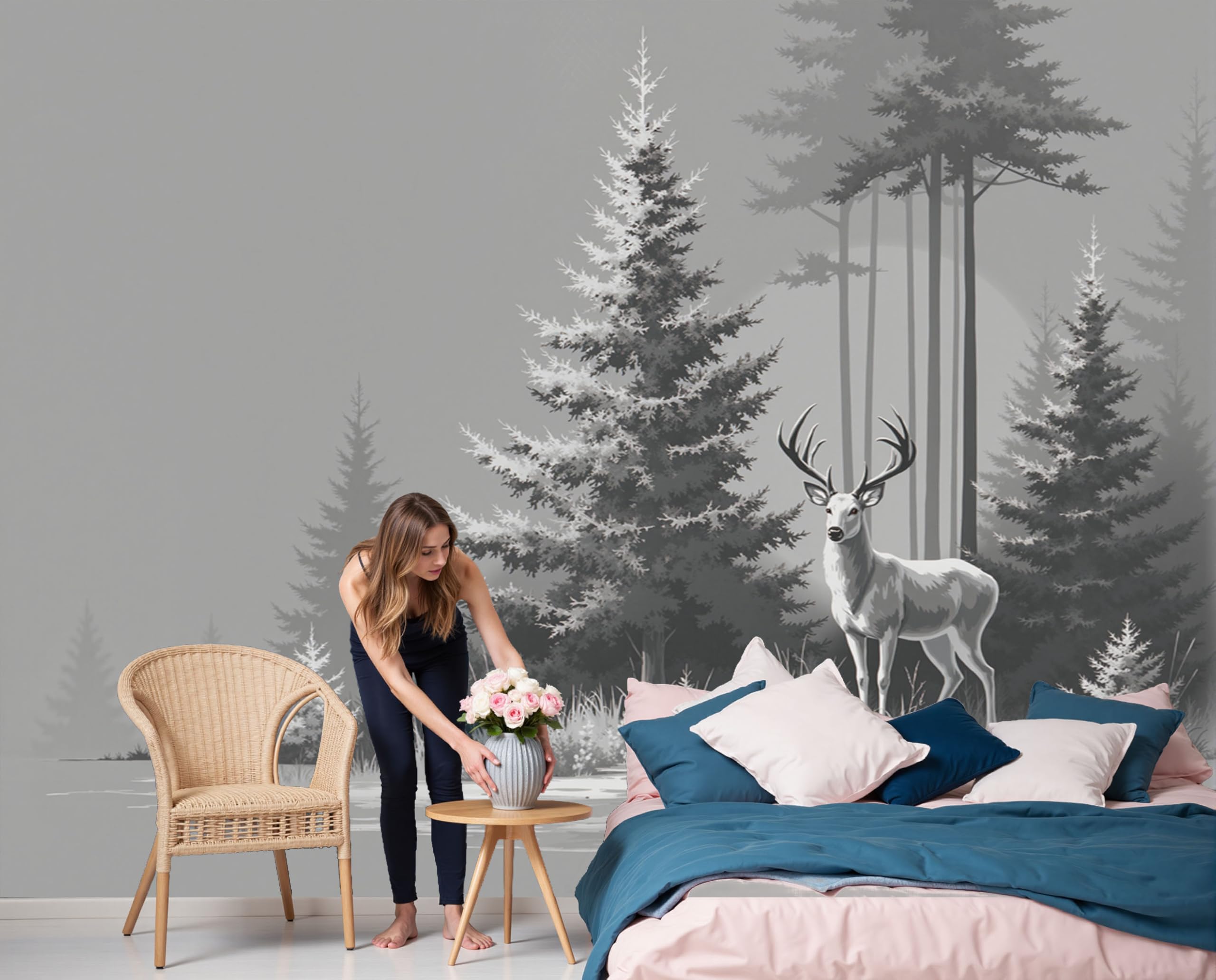Papier peint 3D cerf de forêt pour habiller le mur de votre salon rétro chic