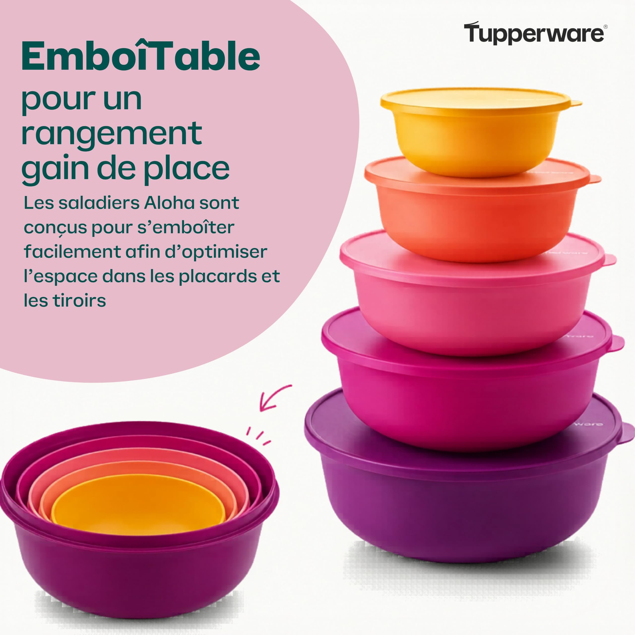 Tupperware Saladier Aloha 4 Litres Couvercle Hermétique - Pique-Nique Famille - Emboîtable Gain de Place - Plastique - H 12.8 cm Diamètre 29.5 cm - Compatible Lave-Vaisselle Idéal Famille Maison