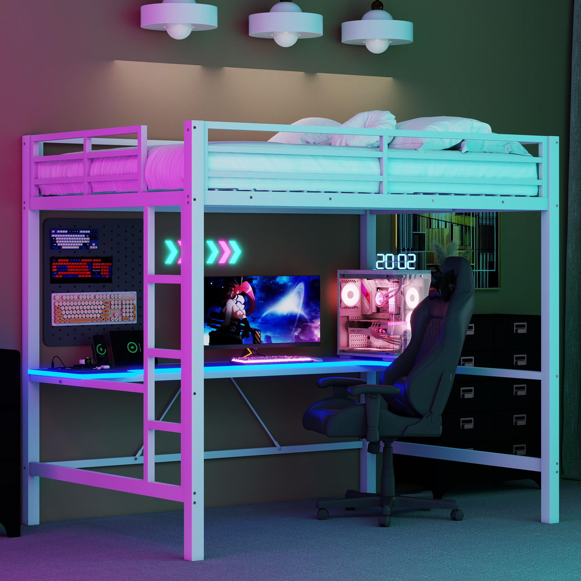 Full Size White Metal Loft Bed Frame w/Desk, LED Lights, & USB, Gaming Bedroom Furniture, 77"x57", Modern Design, No Box Spring Needed, Study Space
