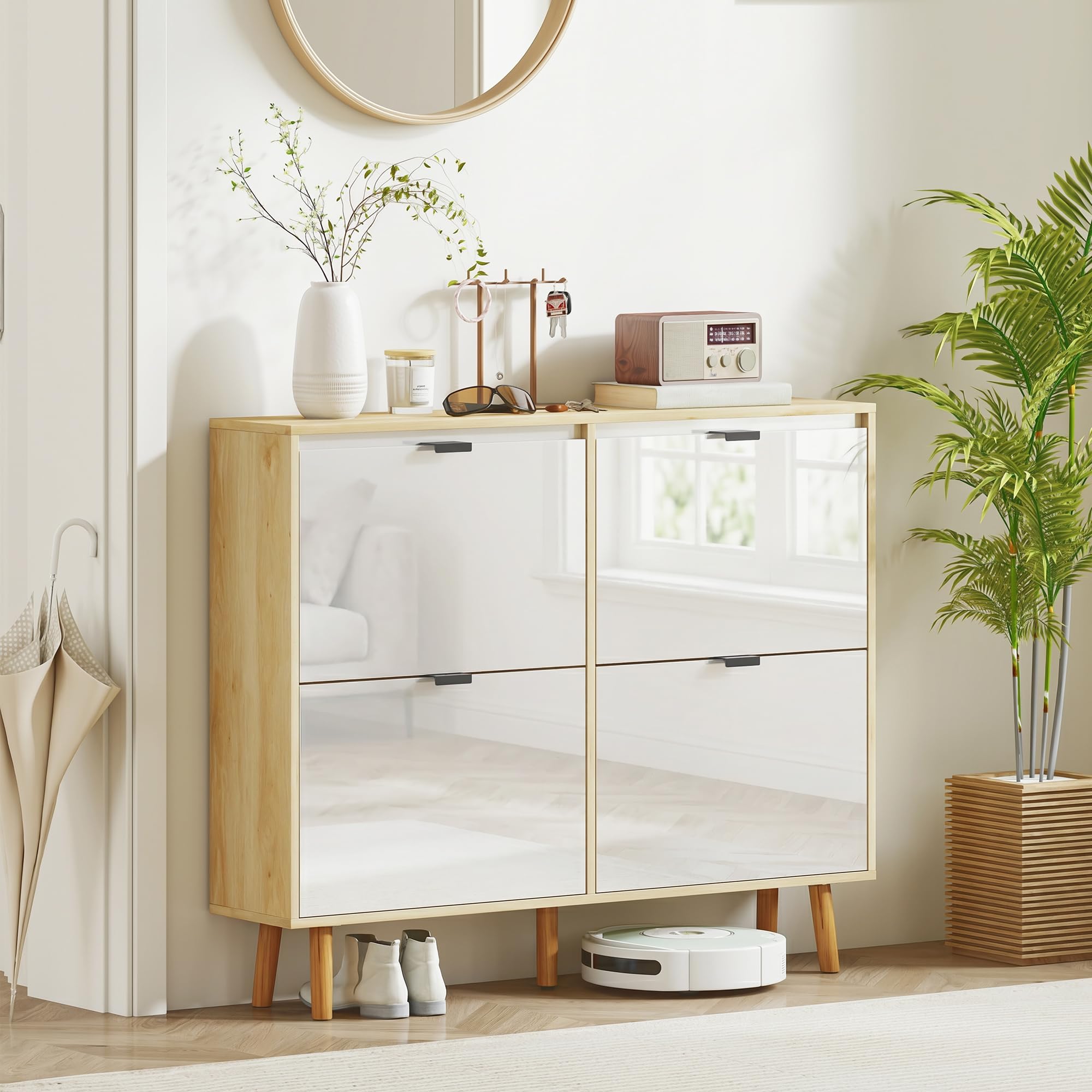 HOMCOM Scarpiera Salvaspazio Slim con 4 Ante a Ribalta, Scarpiera Ingresso con Ripiani Regolabili su 2 Livelli e Base Rialzata, Porta Scarpe per 20 Paia con Maniglia, 105x24x92.5 cm, Bianco Lucido