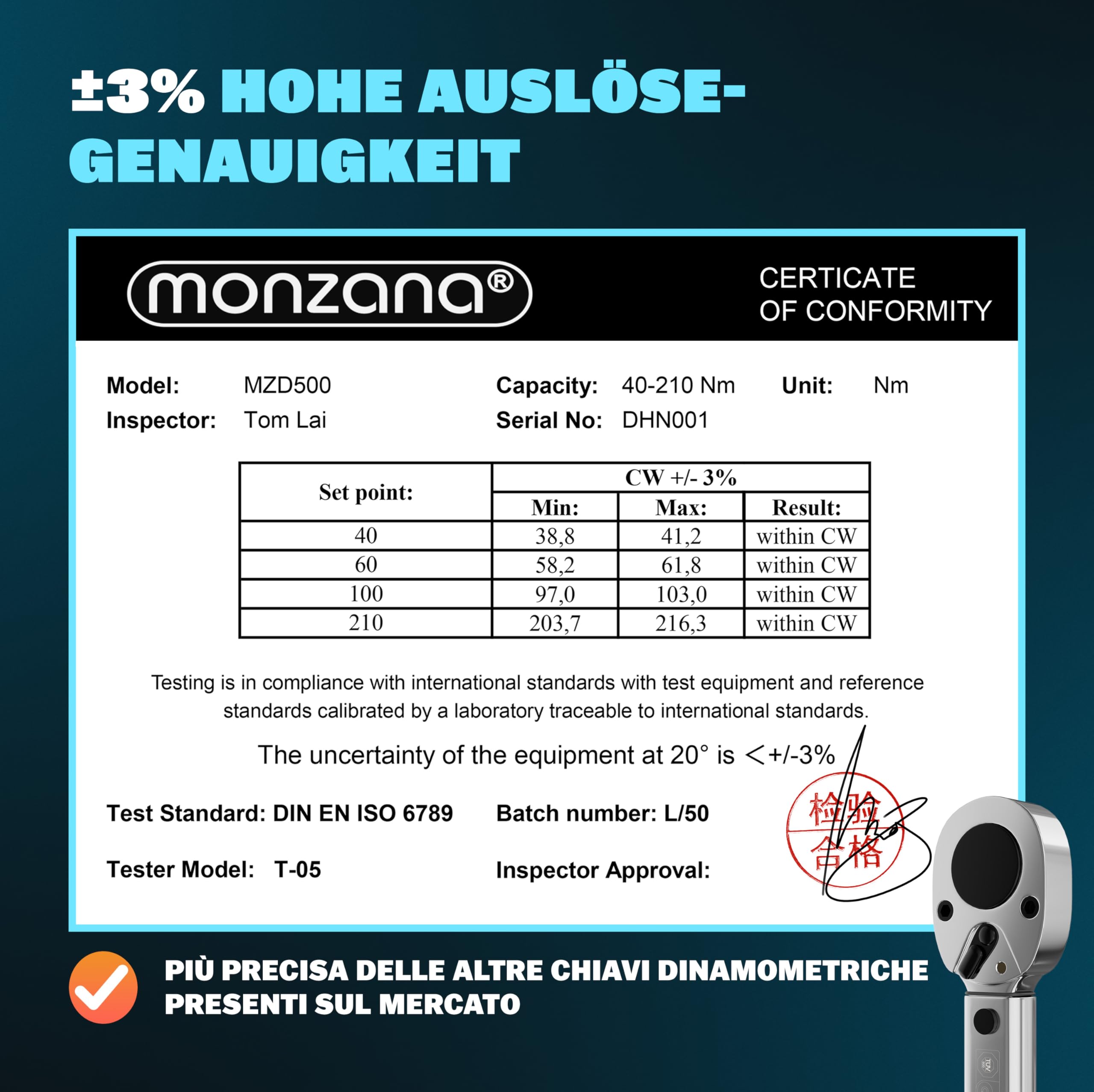 Monzana® Set di Chiavi Dinamometriche 6 pz. 40-210Nm 1/2 ' CV Incl. 3 Bussole Prolunga Valigetta Chiave Officina