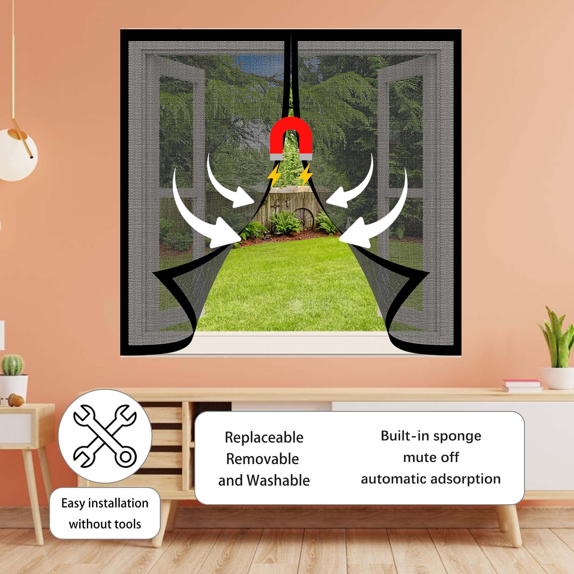 Magnetyczny ct Sn do 135 x 65 cm bez wiercenia, oddychająca siatka przeciw owadom z e Self-Cng ochrona przed owadami do sypialni na patio i nie tylko - czarna