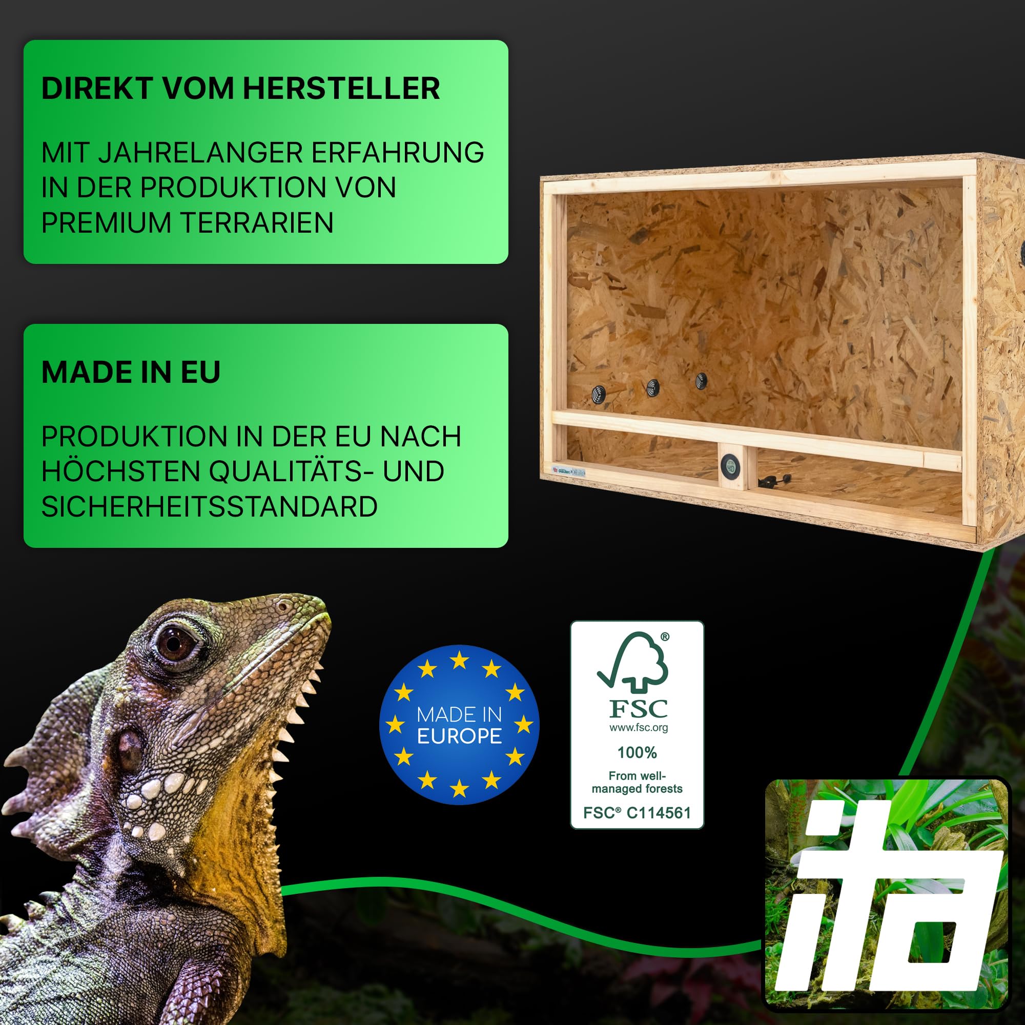 ITA Holz Terrarium 120x60x60 cm mit Seitenbelüftung & Integriertem Hygrometer - Holzterrarium aus OSB-3 Platten - Terrarien für Reptilien, Schlangen, Amphibien - EU Produkt, FSC Zertifiziert