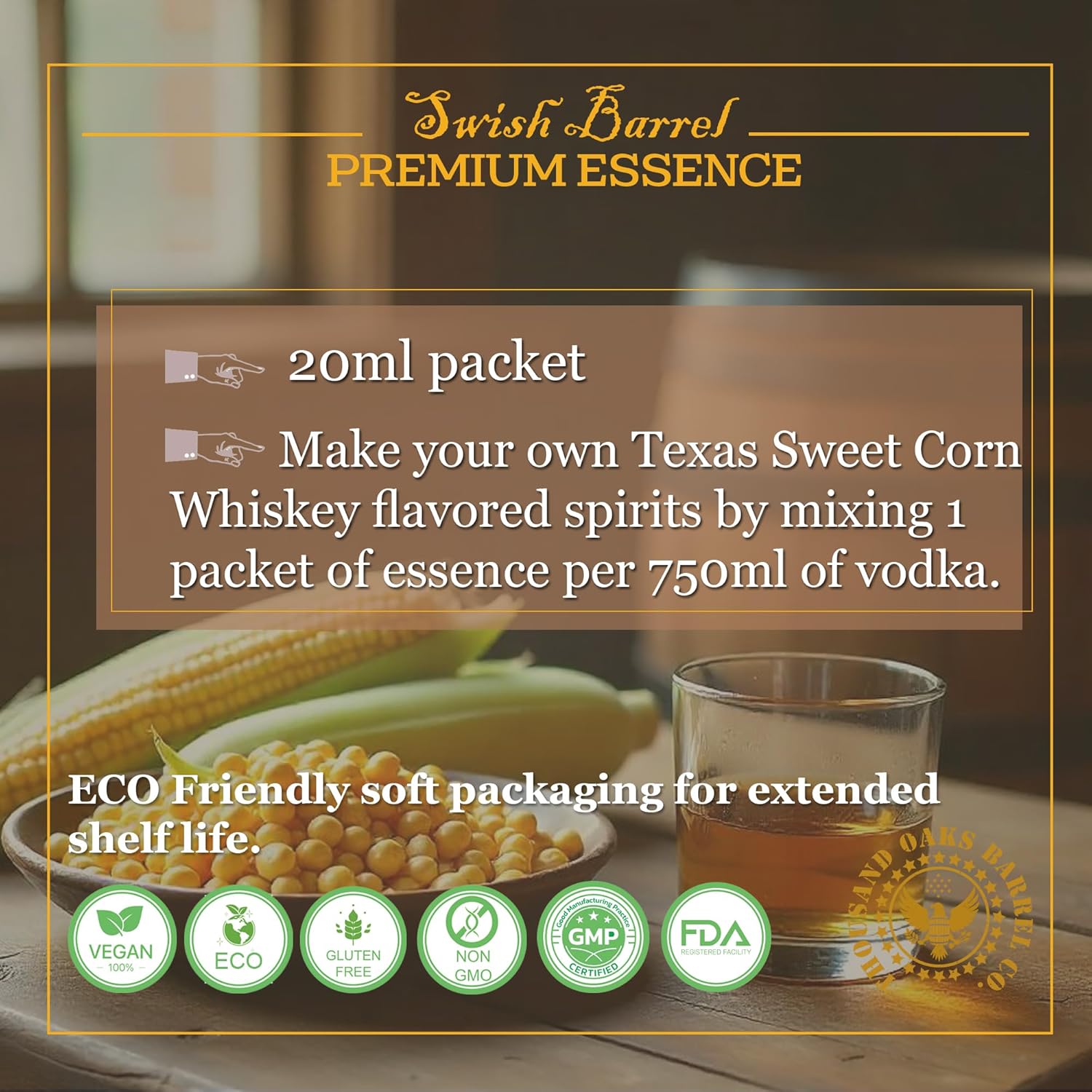 Texas Sweet Corn Whiskey Essence Flavoring (5 Pack) Liquor Flavor Refill Packets for Bootleg Kits & Barrel Aging, Swish Barrel Extract for Cocktails, Mixology & Moonshine Distilling, 5 x 20ml (.65oz)
