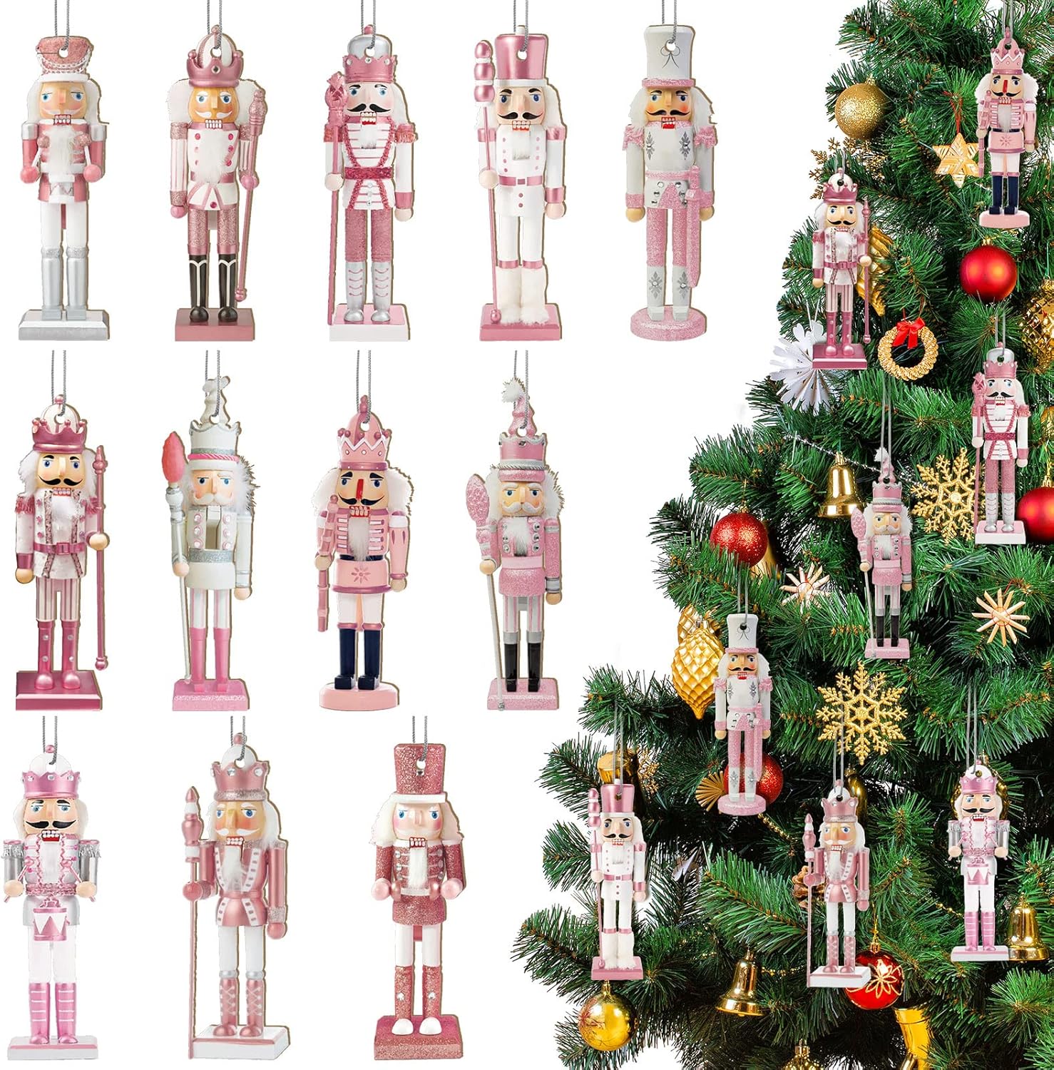 Woanger 48 Pcs Christmas Nutcracker Ornaments Xmas King and Soldier Gold and Silver Glittered Hanging Christmas Ornaments Mini Wooden for Xmas Tree Ornament Set(Pink Nutcracker Style)