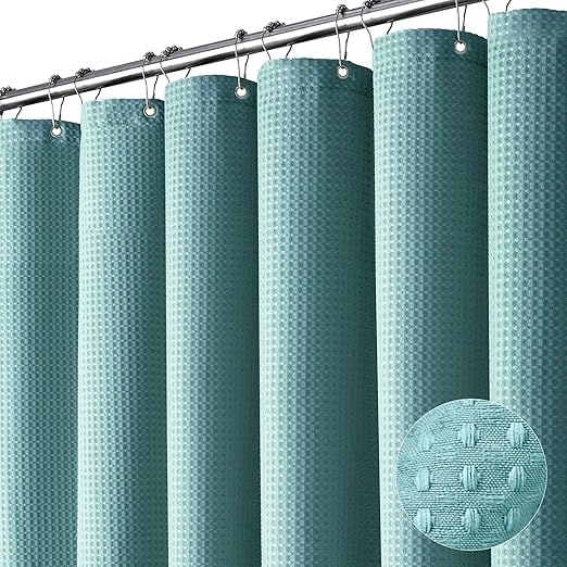 Dynamene Extra Wide Shower Curtain-108 Inch Wide Waffle Weave Weighted Thick Cloth Bathroom Shower Curtain, Neutral Heavy Duty Hotel Bath Curtain Set with 18 Plastic Hooks,108x72, Teal/Turquoise