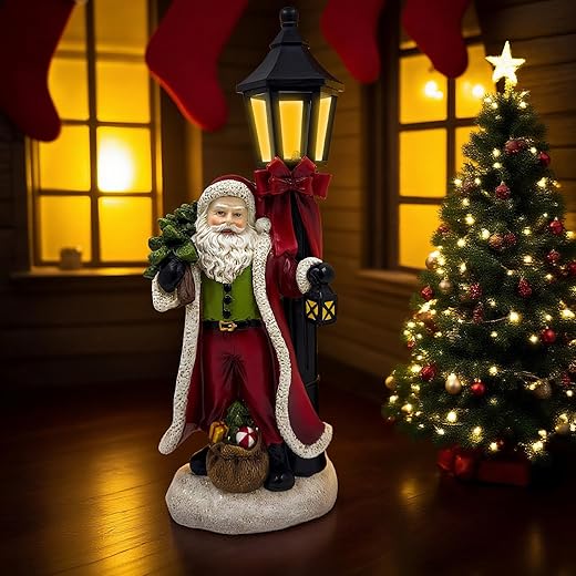 Santa Claus Statue with Light 12.6 inch Christmas Resin Figurine Desktop Decor, New Year's Day Outdoor Decoration for Porch Garden Yard Patio