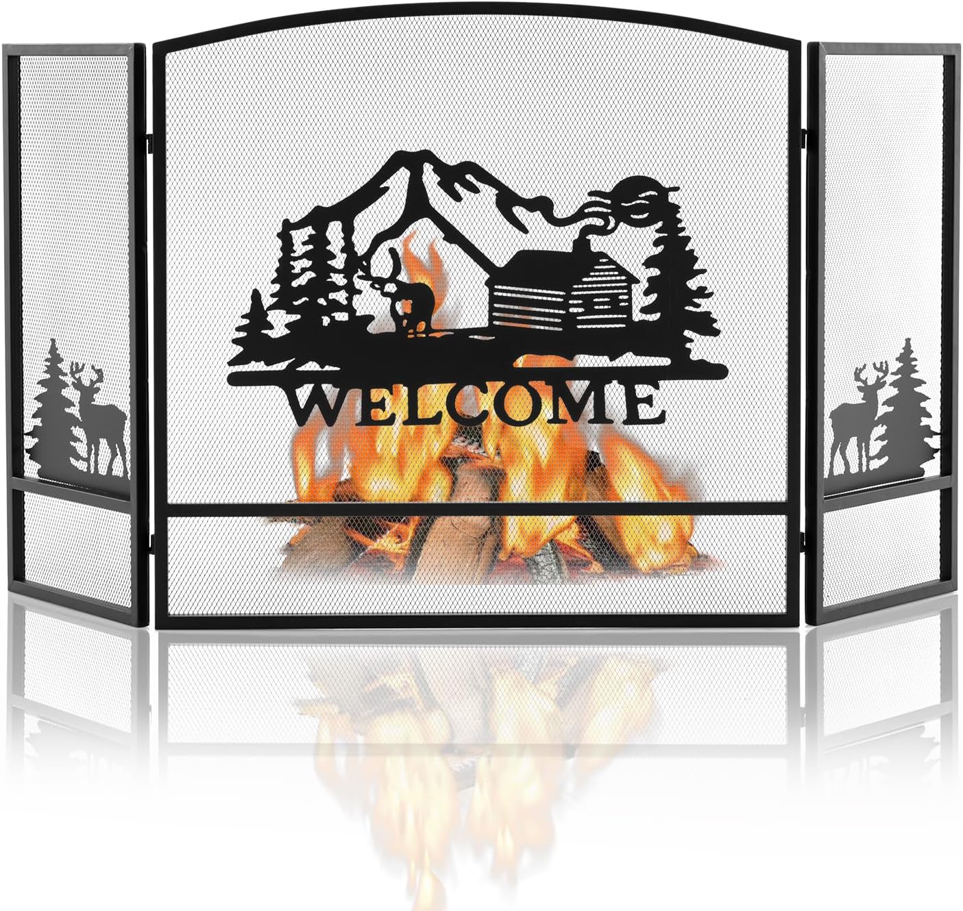COSTWAY 3-Panel Metal Fireplace Screen, 55” x 29.5” Foldable Fire Spark Guard Grate with Natural Scenery and Moose Pattern, Free Standing Furnace Fireguard Mesh Cover, Black