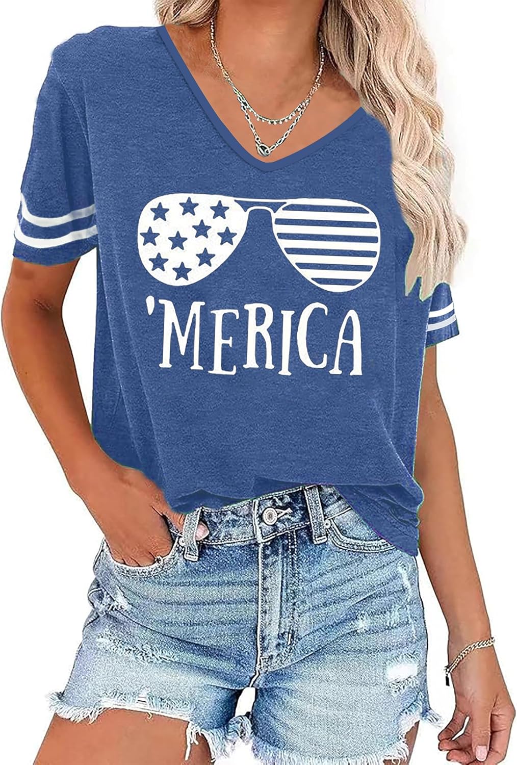 Susongeth USA Patriotic American Flag Shirt Women 4th of July T-Shirts V-Neck Short Sleeve Casual Top Tees