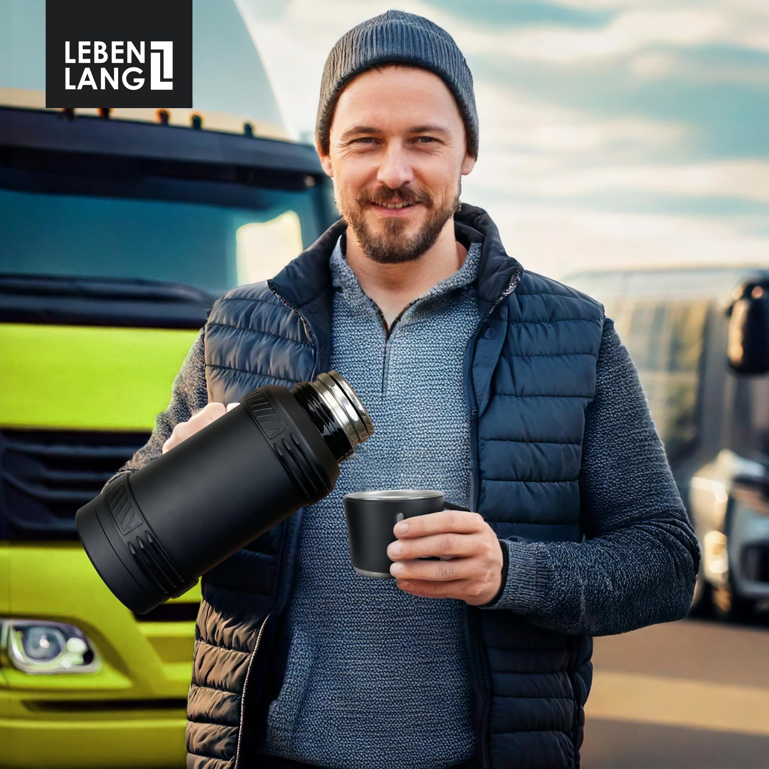 LEBENLANG Termo café de 1,5 litros - 24 horas de calor & Incl. vaso | Termos mate liquidos Botella termica fria 1 5 L montaña para cafe Thermos bottle agua calientes I filtro para té & bandolera