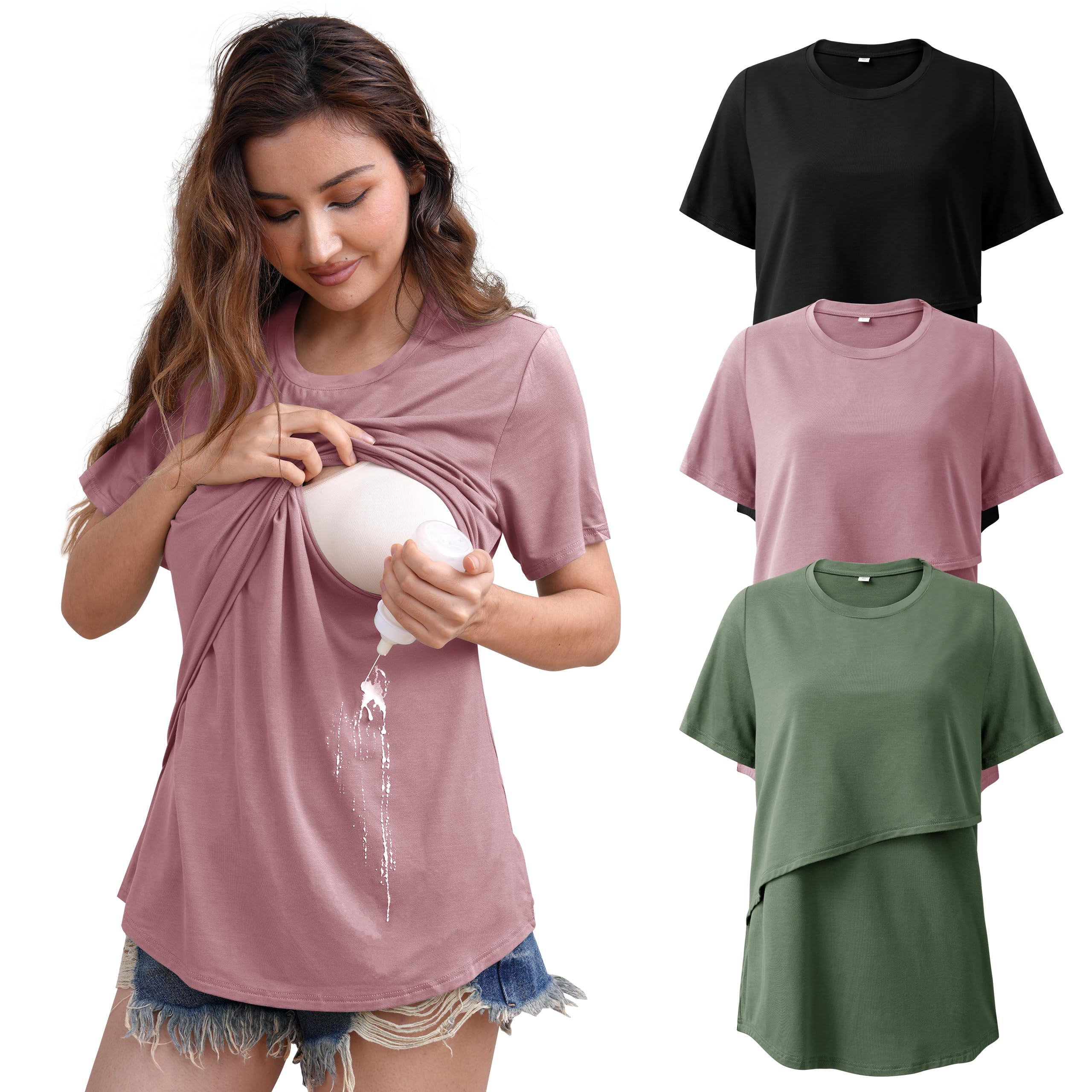 SUNNYBUY 3er Pack Stillshirt Damen Umstandsshirt Kurzarm – Keine Milchflecken, Stilltop Schwangerschaft & Stillzeit