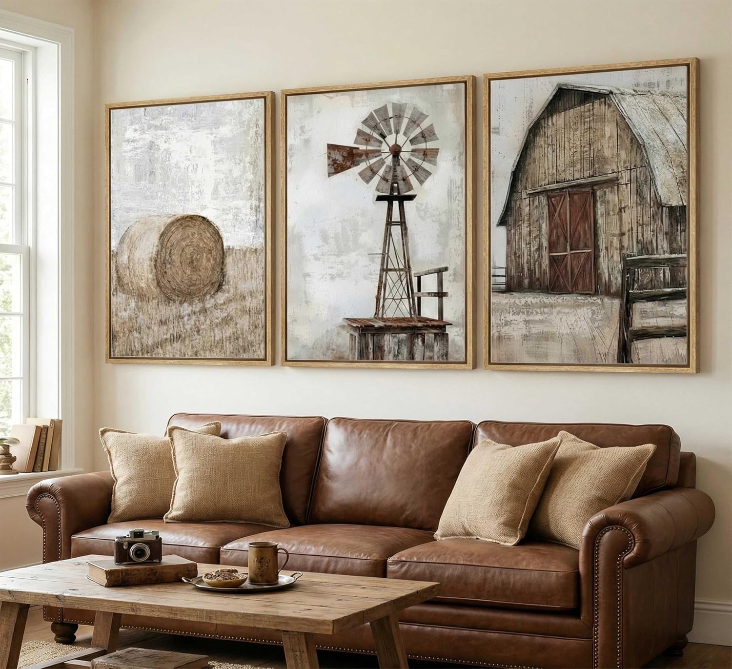 3 Piece Canvas Wall Art,Rustic Farmhouse Hay Bale Windmill Barn Painting, Countryside Picture Poster Prints Artwork for Home Wall Decor 16x24 Inch Unframed
