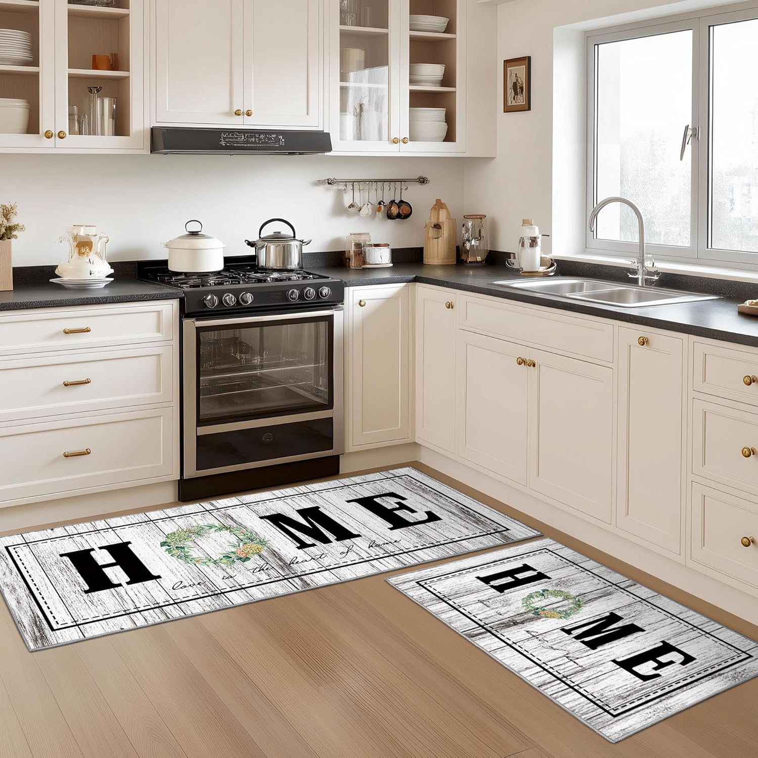 Tritard 100% Non Slip Kitchen Rugs Sets of 3 Farmhouse Washable Kitchen Mats for Floor Non-Skid Kitchen Runner Rug Soft Rustic Kitchen Floor Carpet for Hallway, Laundry, Sink, Office, Grey